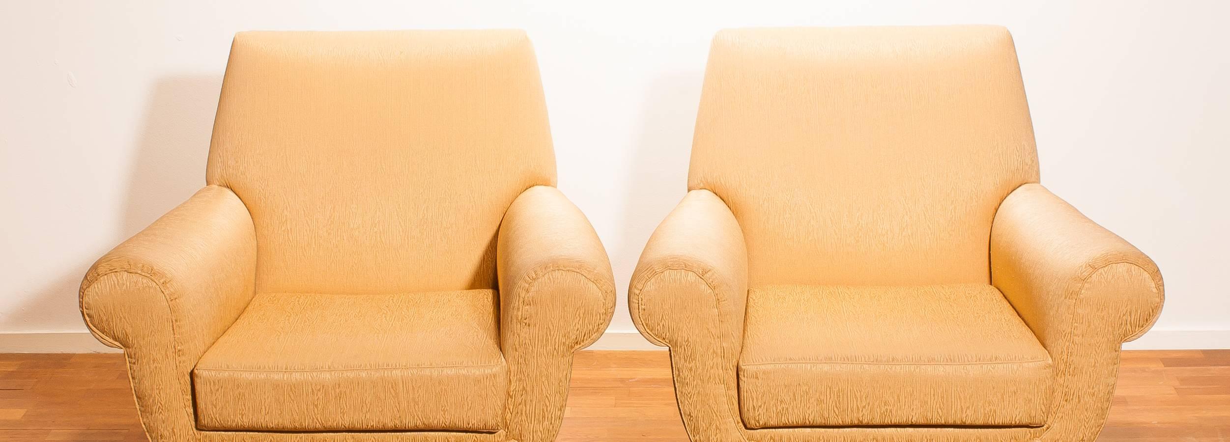 Golden Jacquard Upholstered Easy Chairs by Gigi Radice for Minotti, Brass Legs. 9