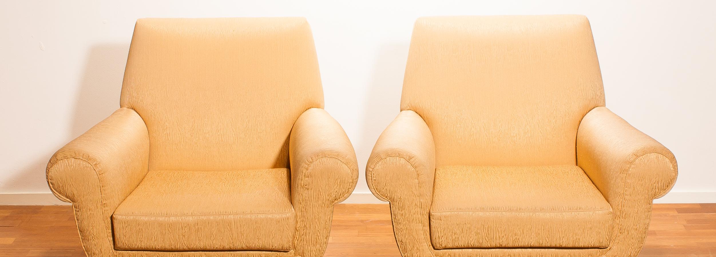 Golden Jacquard Upholstered Easy Chairs by Gigi Radice for Minotti, Brass Legs 10