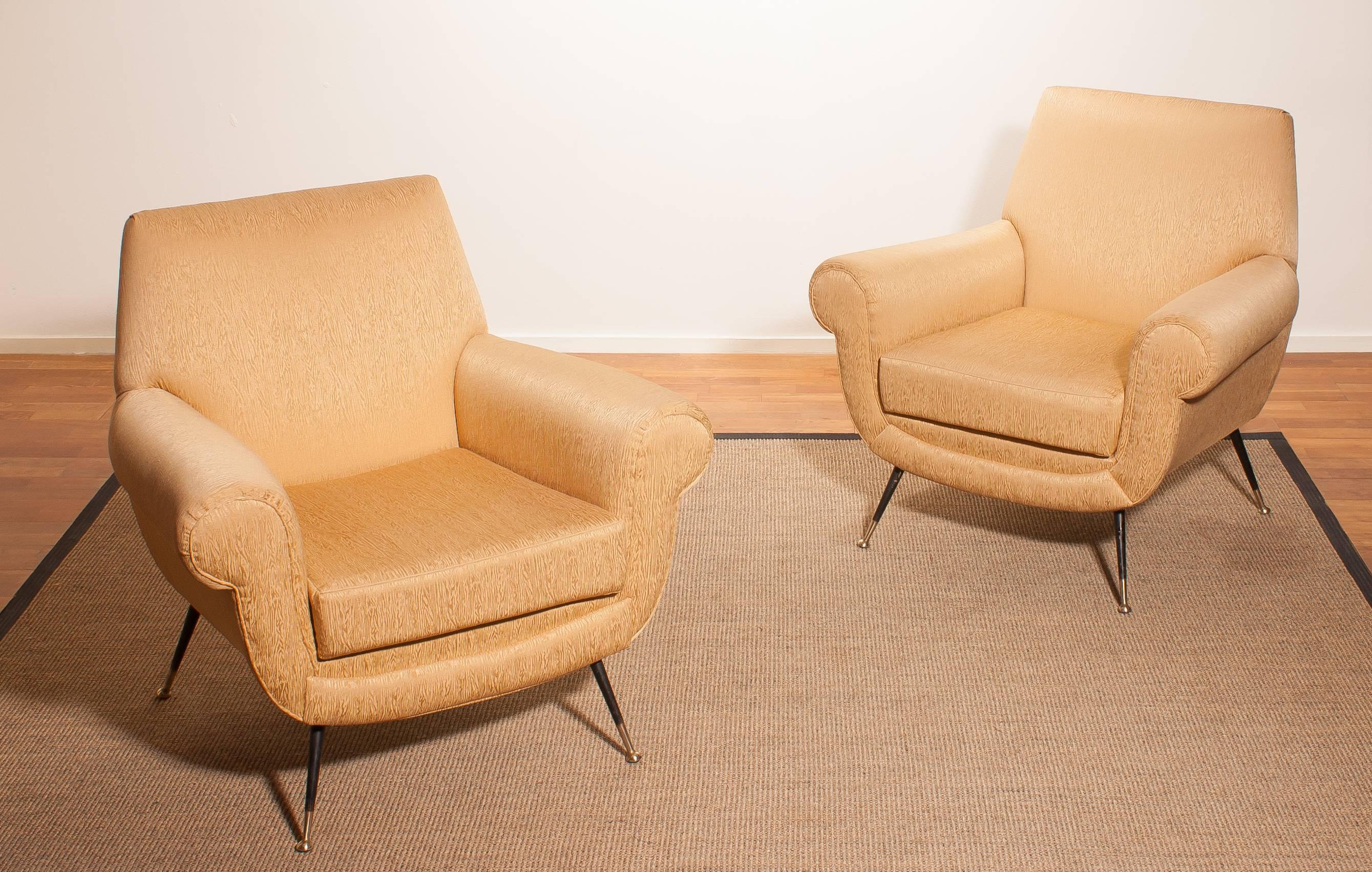 Mid-Century Modern Golden Jacquard Upholstered Easy Chairs by Gigi Radice for Minotti, Brass Legs.