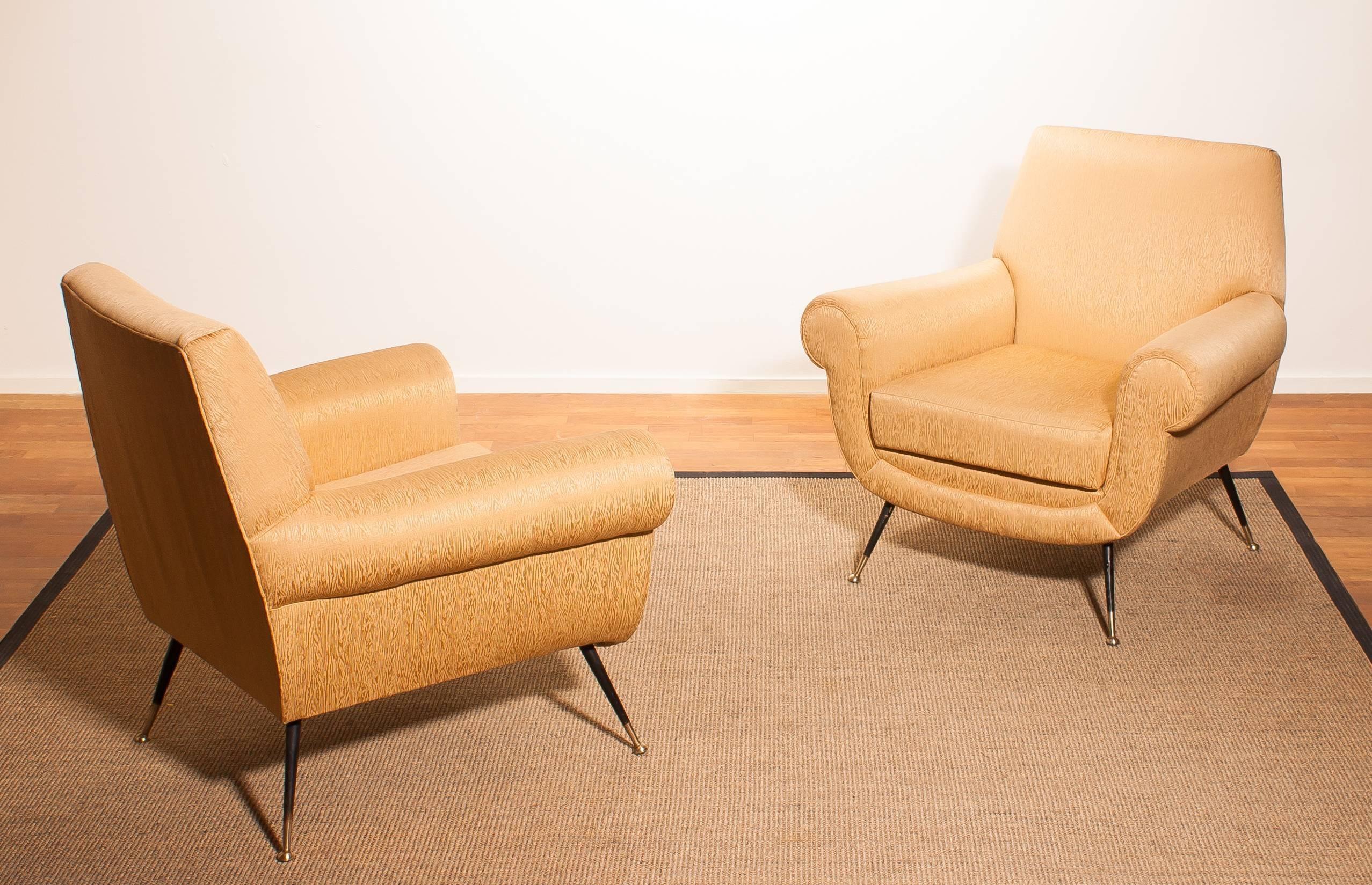 Italian Golden Jacquard Upholstered Easy Chairs by Gigi Radice for Minotti, Brass Legs.