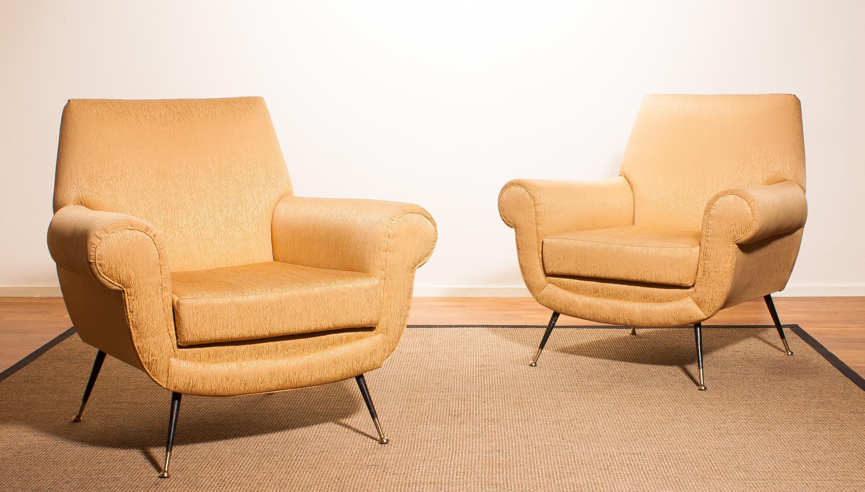 Italian Golden Jacquard Upholstered Easy Chairs by Gigi Radice for Minotti, Brass Legs