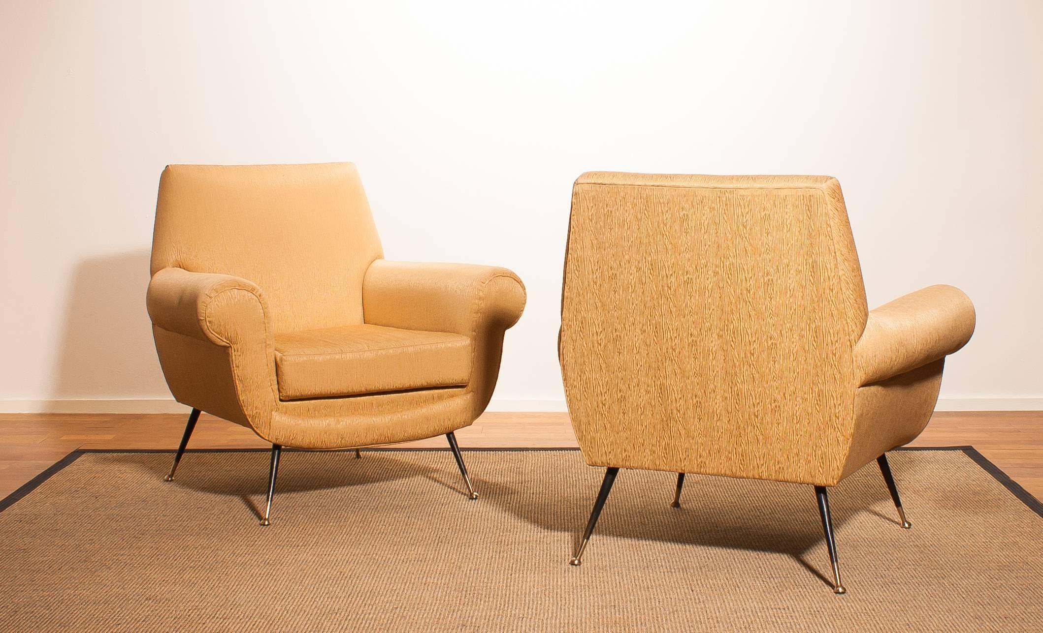 Golden Jacquard Upholstered Easy Chairs by Gigi Radice for Minotti, Brass Legs. 2