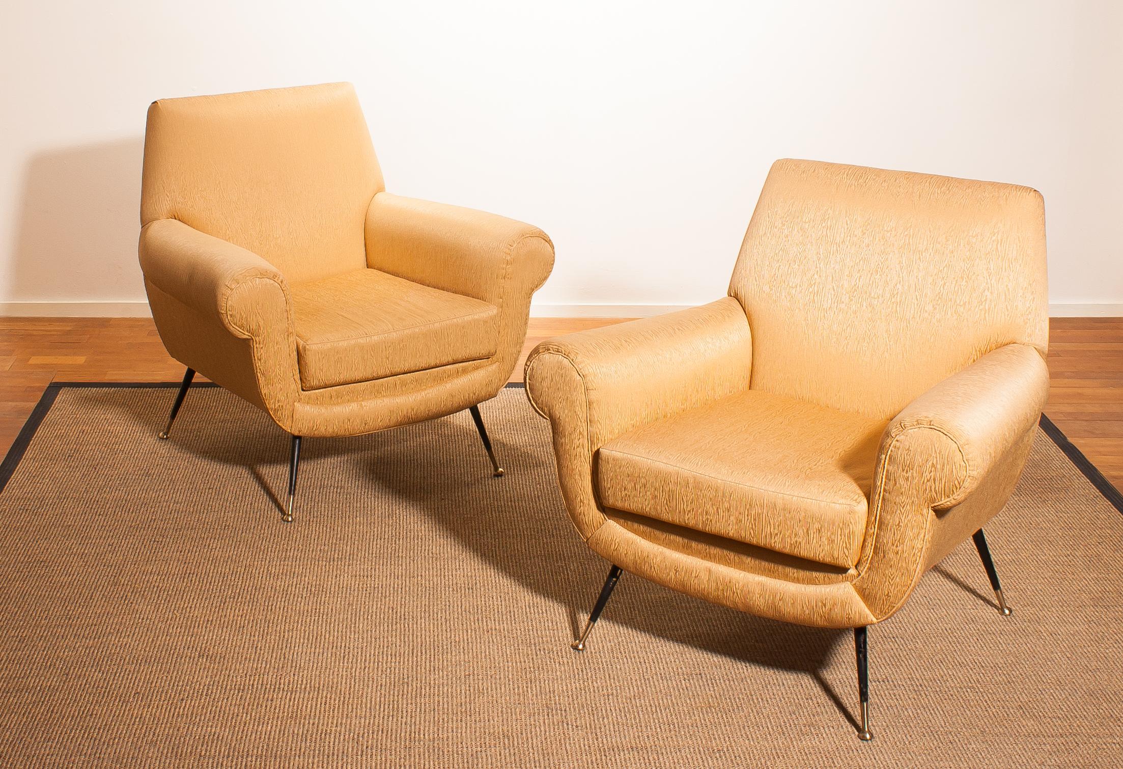 Golden Jacquard Upholstered Easy Chairs by Gigi Radice for Minotti, Brass Legs 2