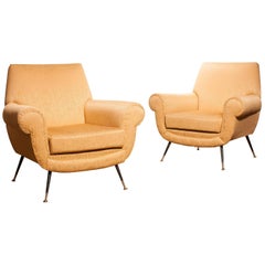 Golden Jacquard Upholstered Easy Chairs by Gigi Radice for Minotti, Brass Legs.