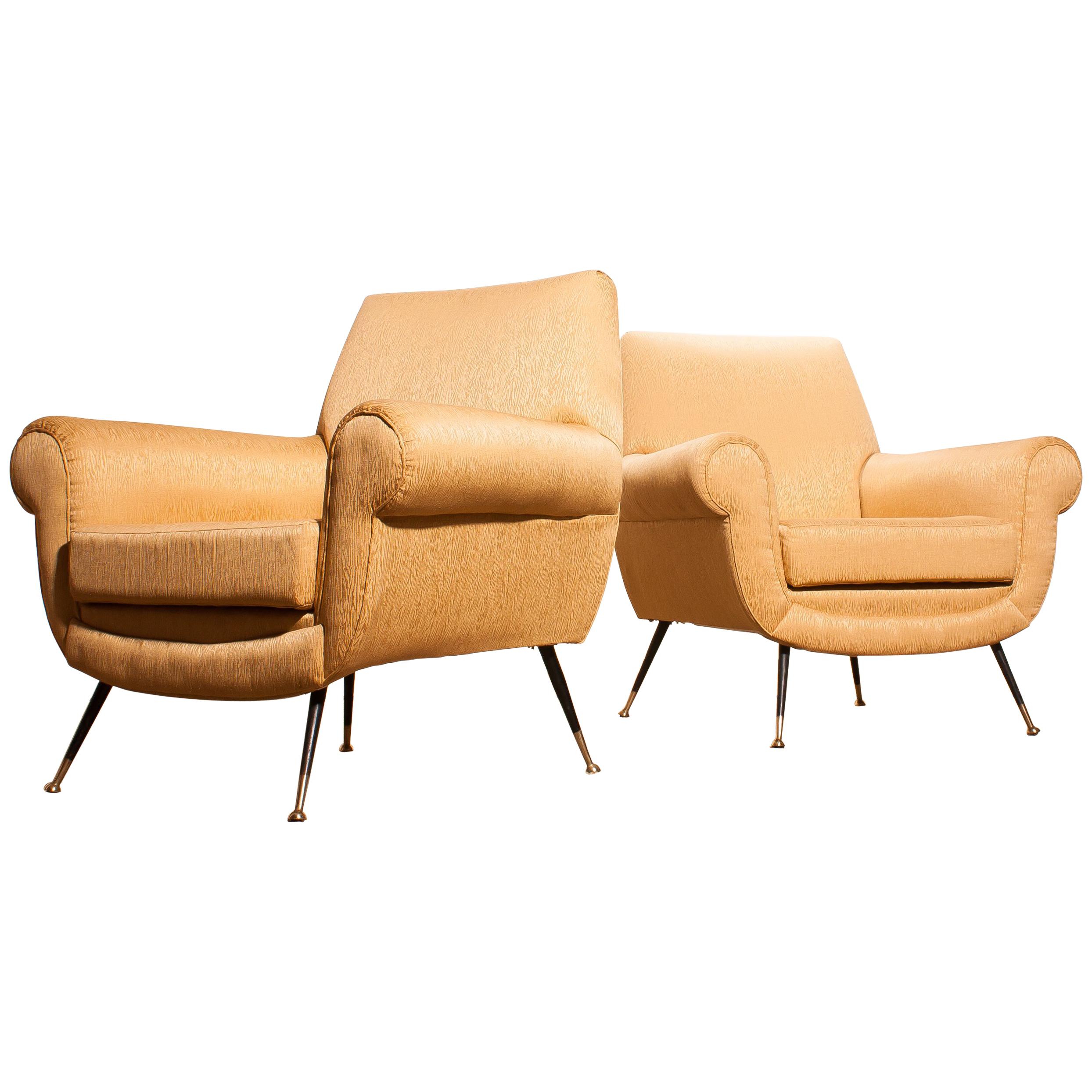 Golden Jacquard Upholstered Easy Chairs by Gigi Radice for Minotti, Brass Legs