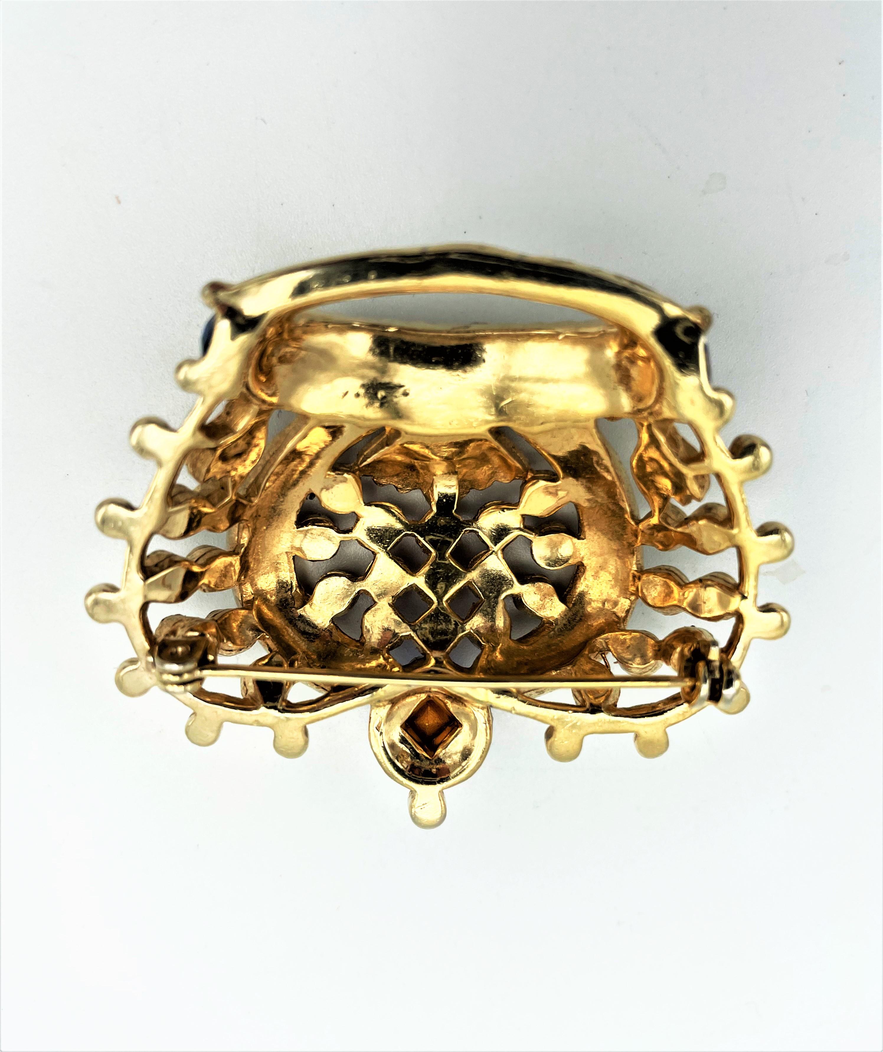 Square Cut Golden jubilee royal crown brooch set with rhinestones, gold plated, 1950s