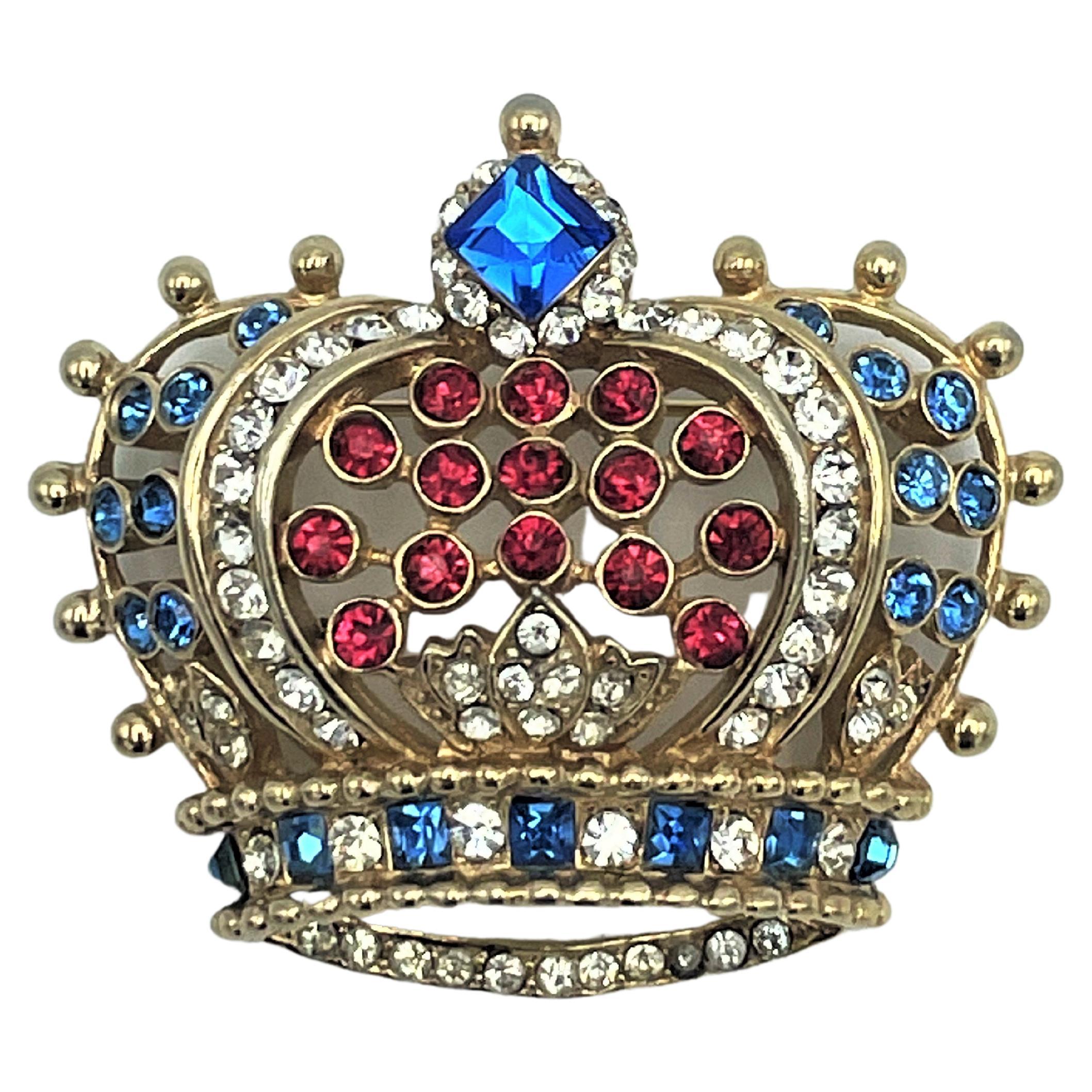 Golden jubilee royal crown brooch set with rhinestones, gold plated, 1950s