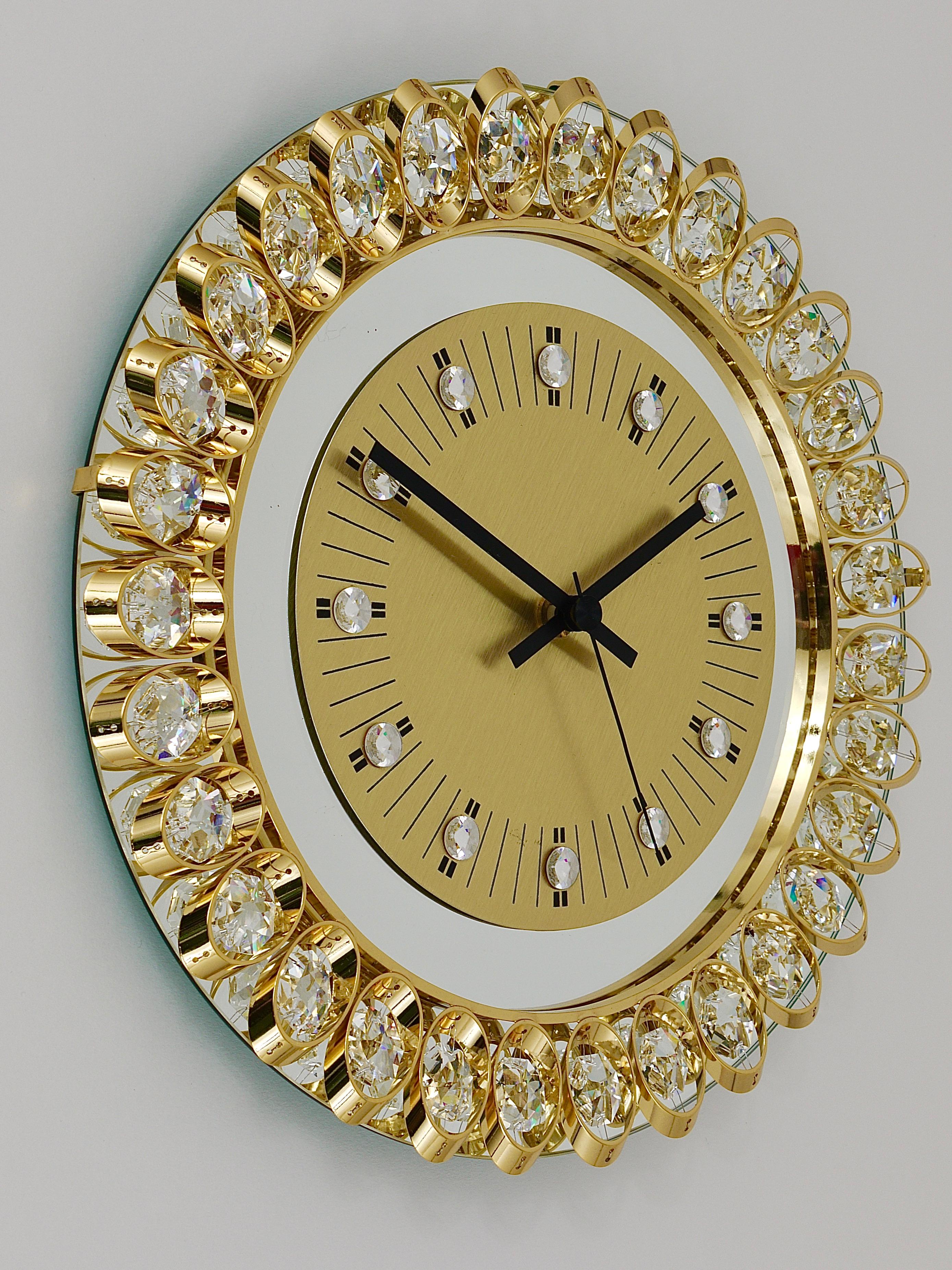 Golden Junghans Hollywood Regency Gilt and Crystals Wall Clock, Germany, 1950s In Good Condition In Vienna, AT