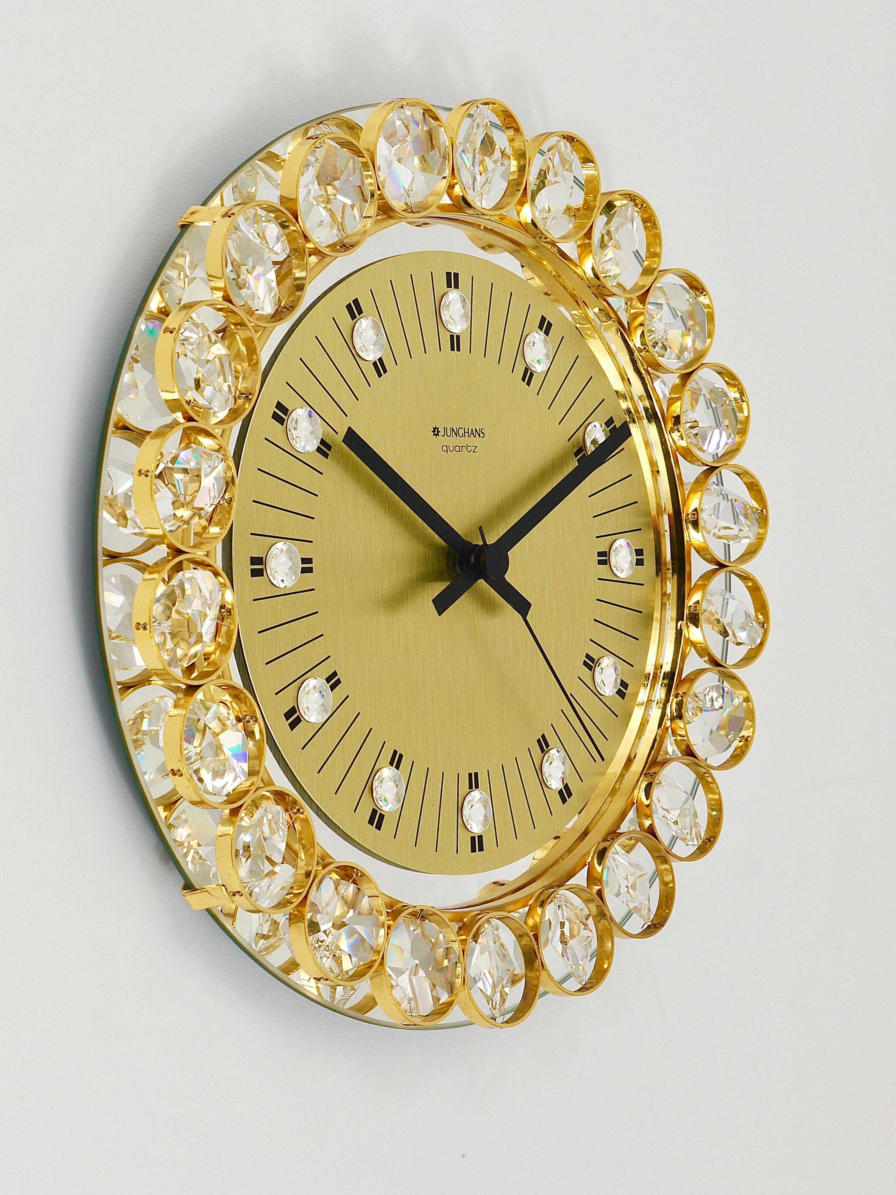 Golden Junghans Hollywood Regency Gilt and Crystals Wall Clock, Germany, 1950s In Good Condition In Vienna, AT