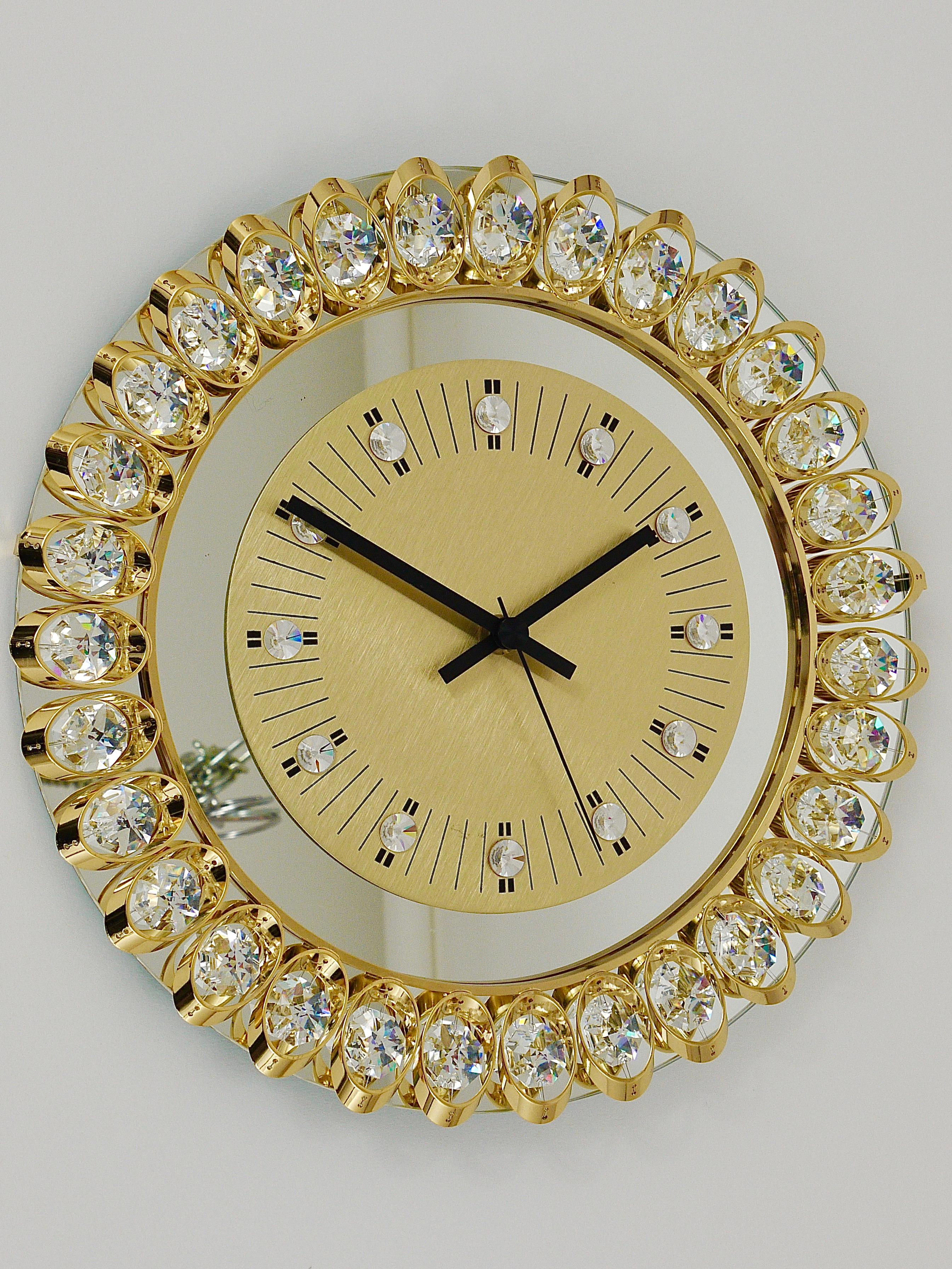 20th Century Golden Junghans Hollywood Regency Gilt and Crystals Wall Clock, Germany, 1950s