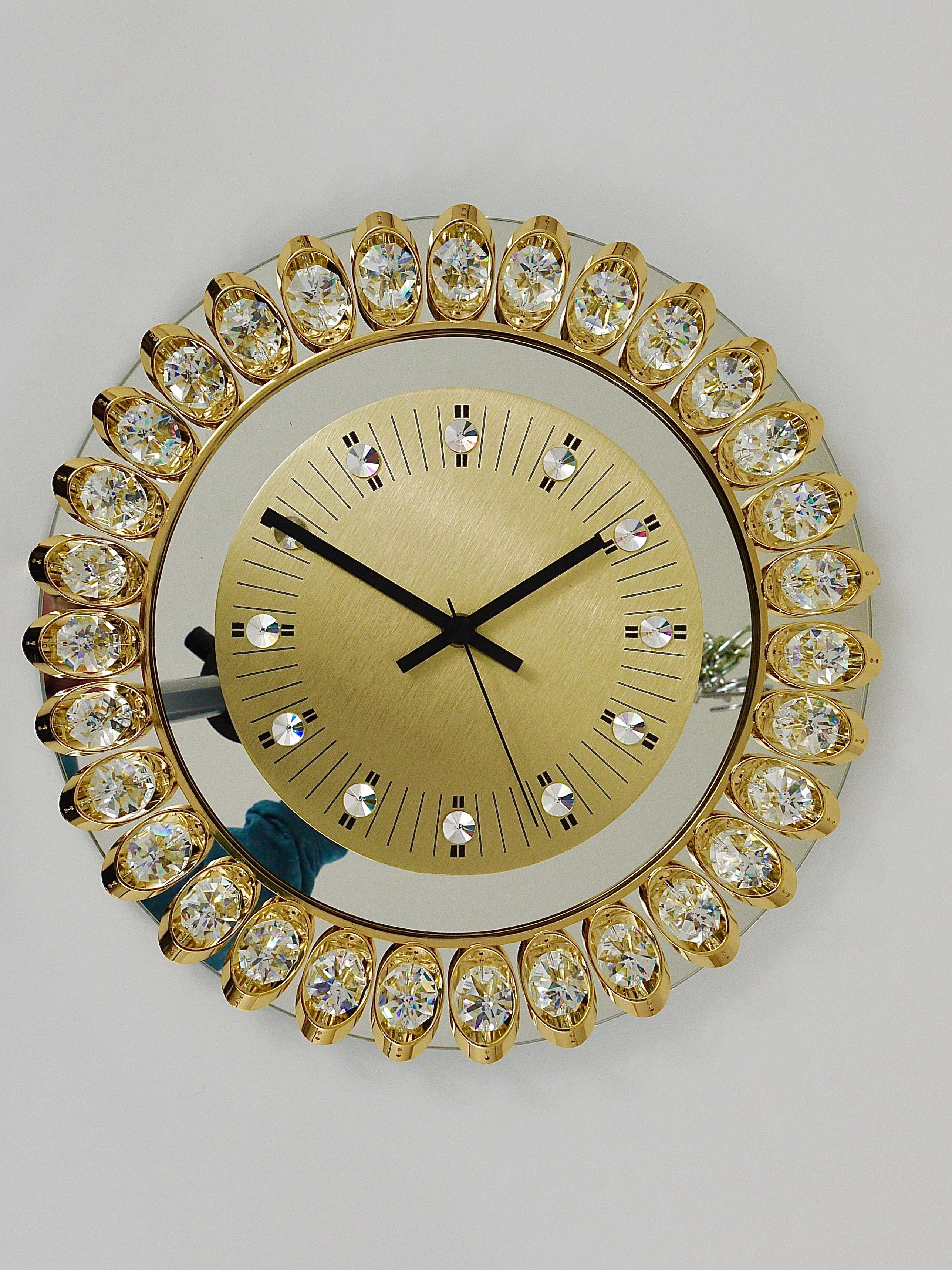 Metal Golden Junghans Hollywood Regency Gilt and Crystals Wall Clock, Germany, 1950s