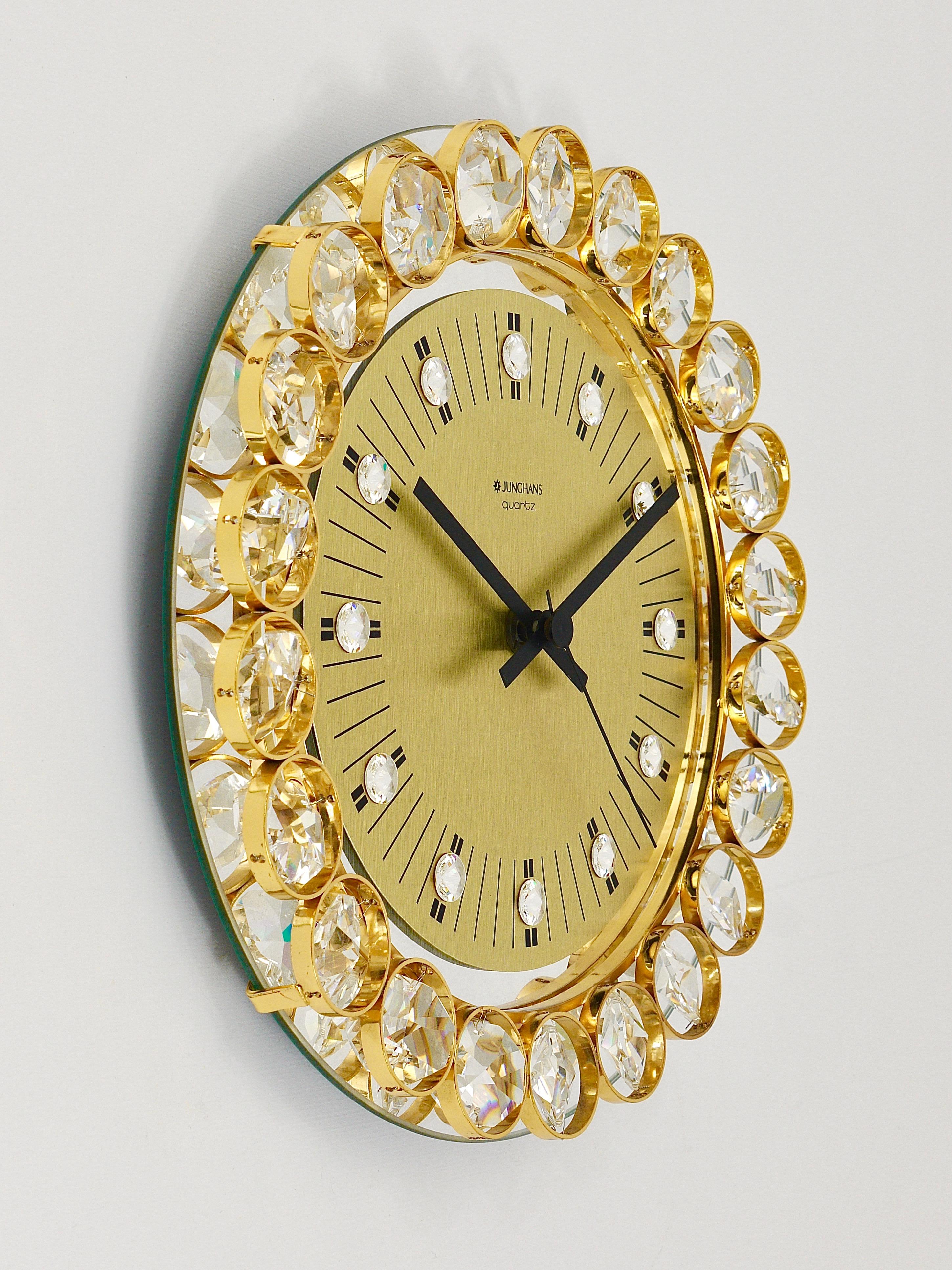 Metal Golden Junghans Hollywood Regency Gilt and Crystals Wall Clock, Germany, 1950s