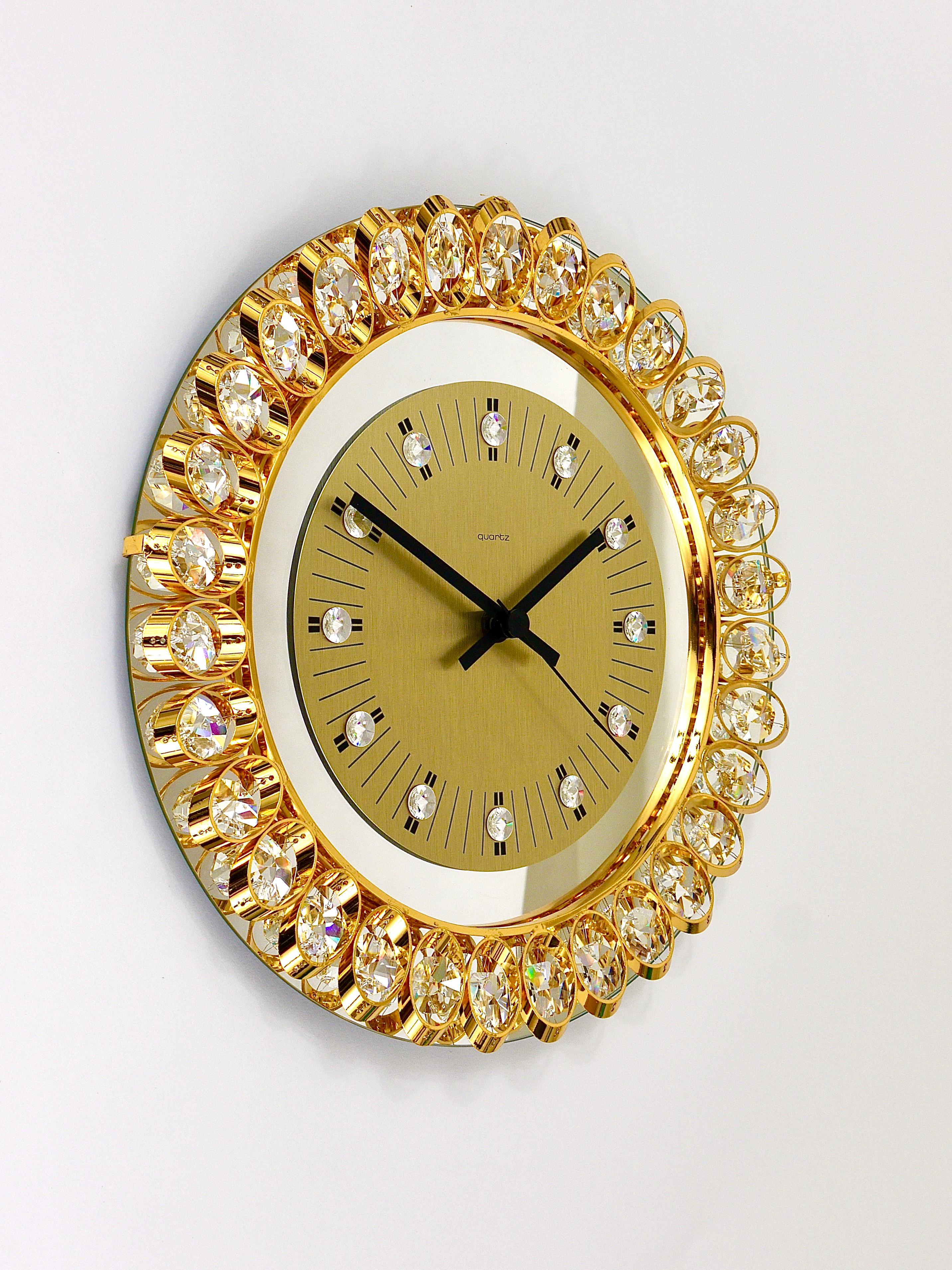 Golden Junghans Hollywood Regency Gilt and Crystals Wall Clock, Germany, 1950s In Good Condition In Vienna, AT