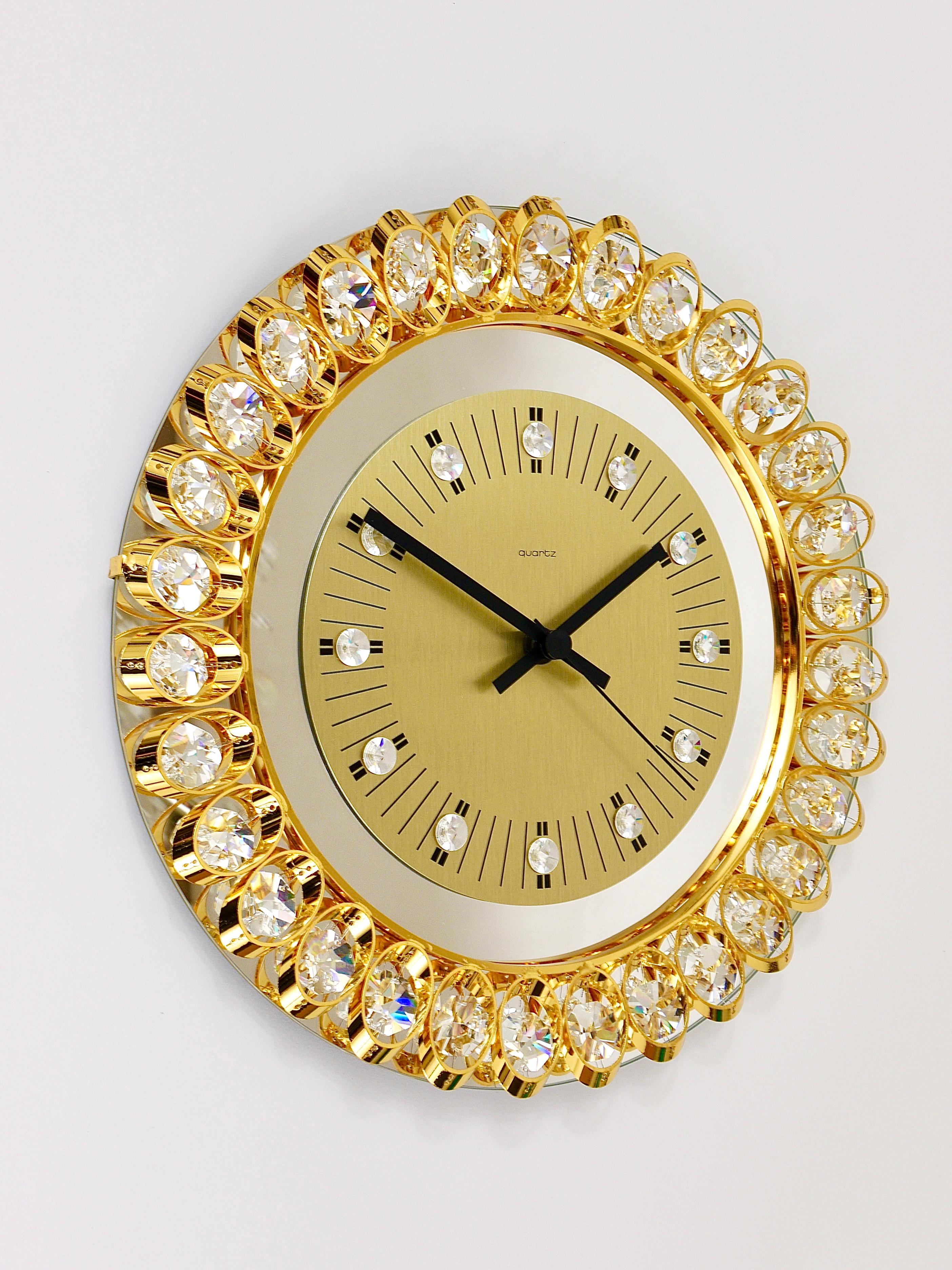 20th Century Golden Junghans Hollywood Regency Gilt and Crystals Wall Clock, Germany, 1950s