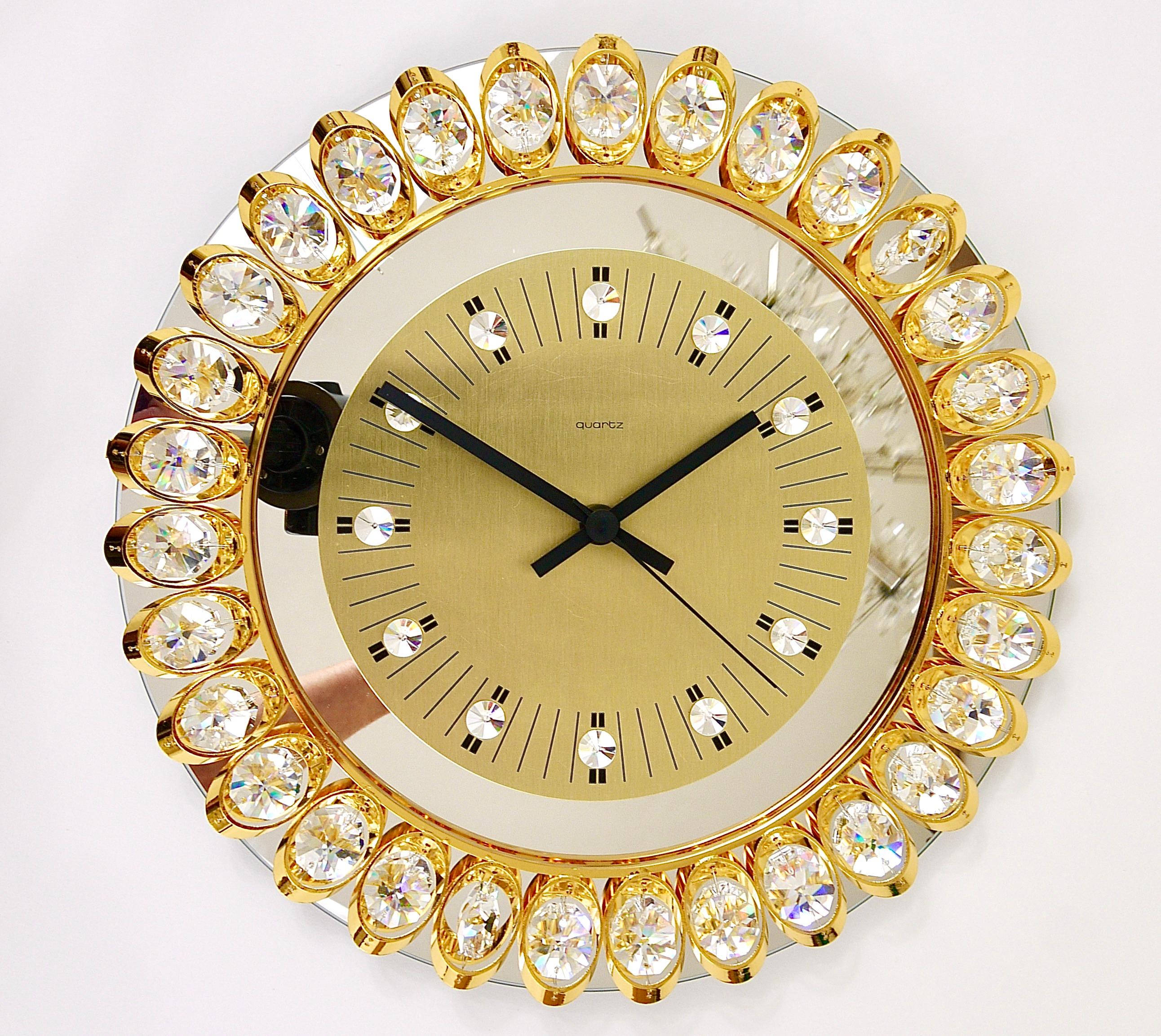 Golden Junghans Hollywood Regency Gilt and Crystals Wall Clock, Germany, 1950s 1