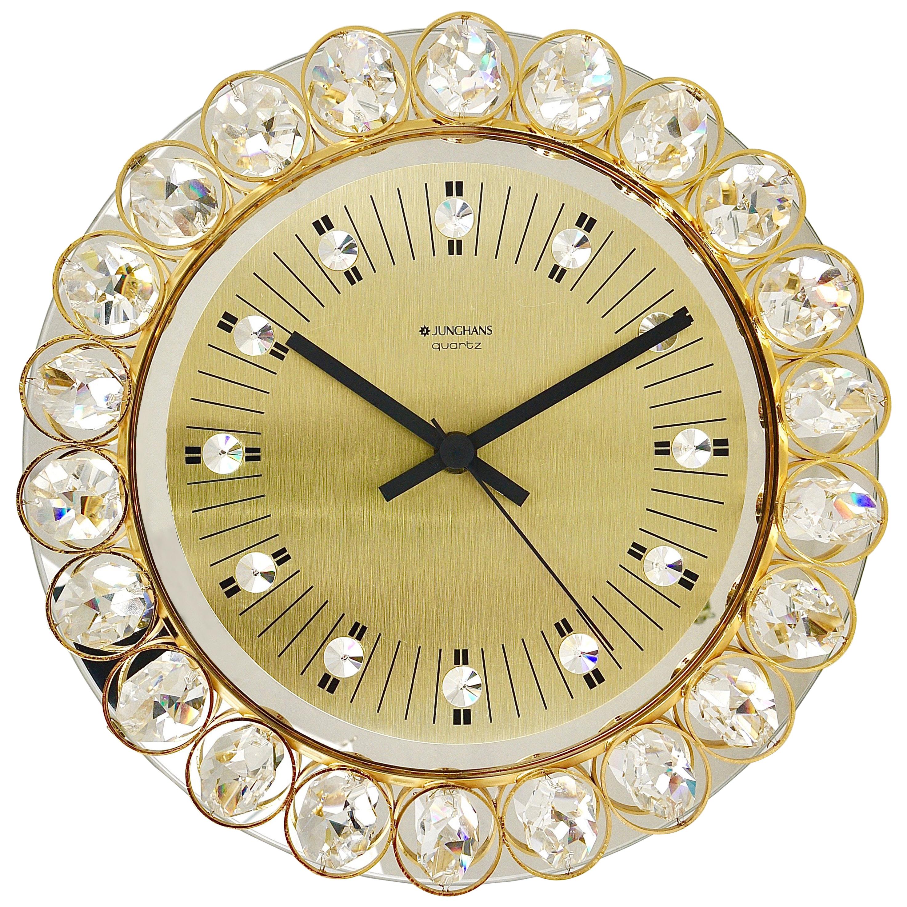 Golden Junghans Hollywood Regency Gilt and Crystals Wall Clock, Germany, 1950s
