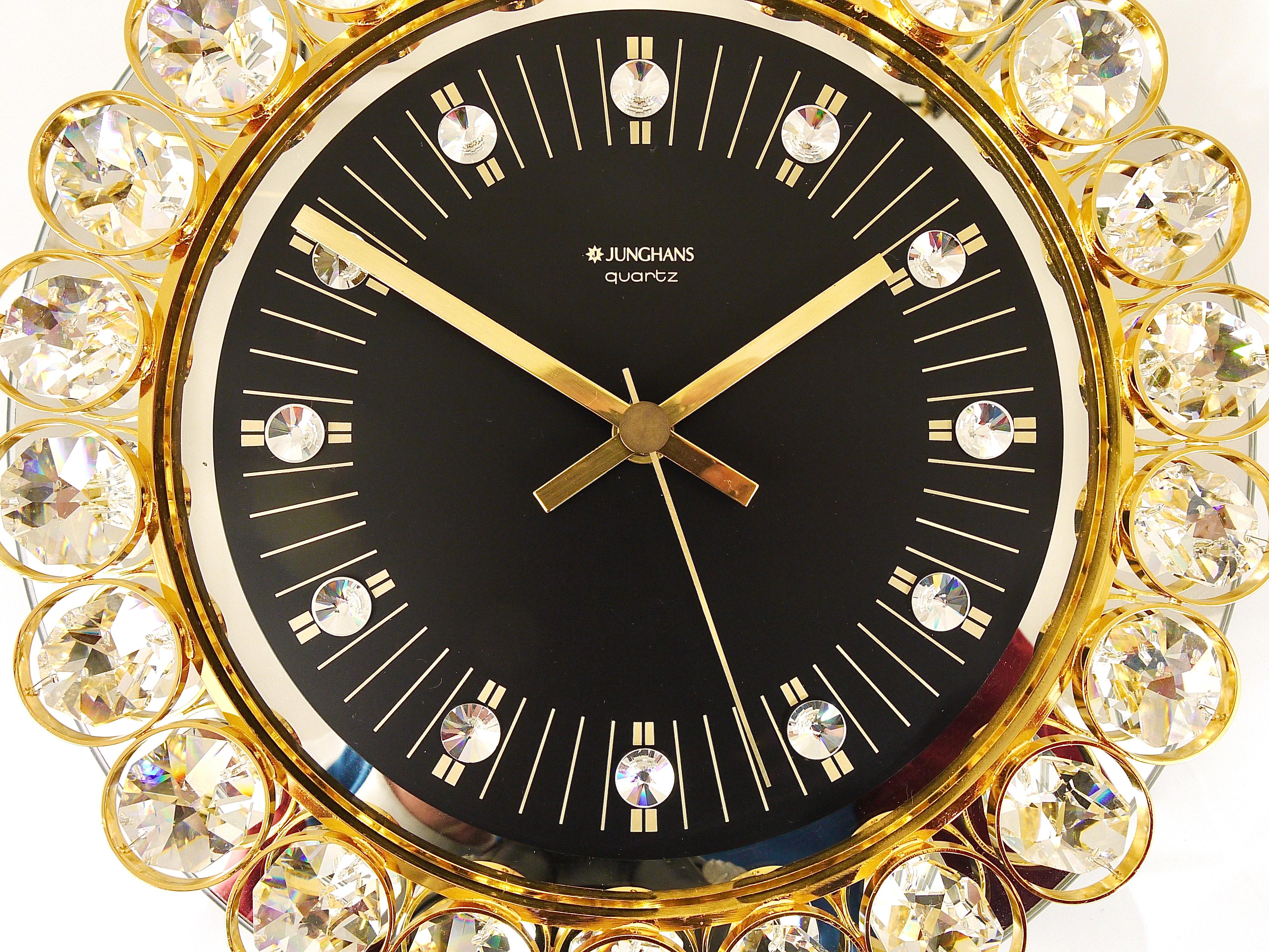 Golden Junghans Hollywood Regency Gilt and Crystals Wall Clock, Germany, 1970s For Sale 3