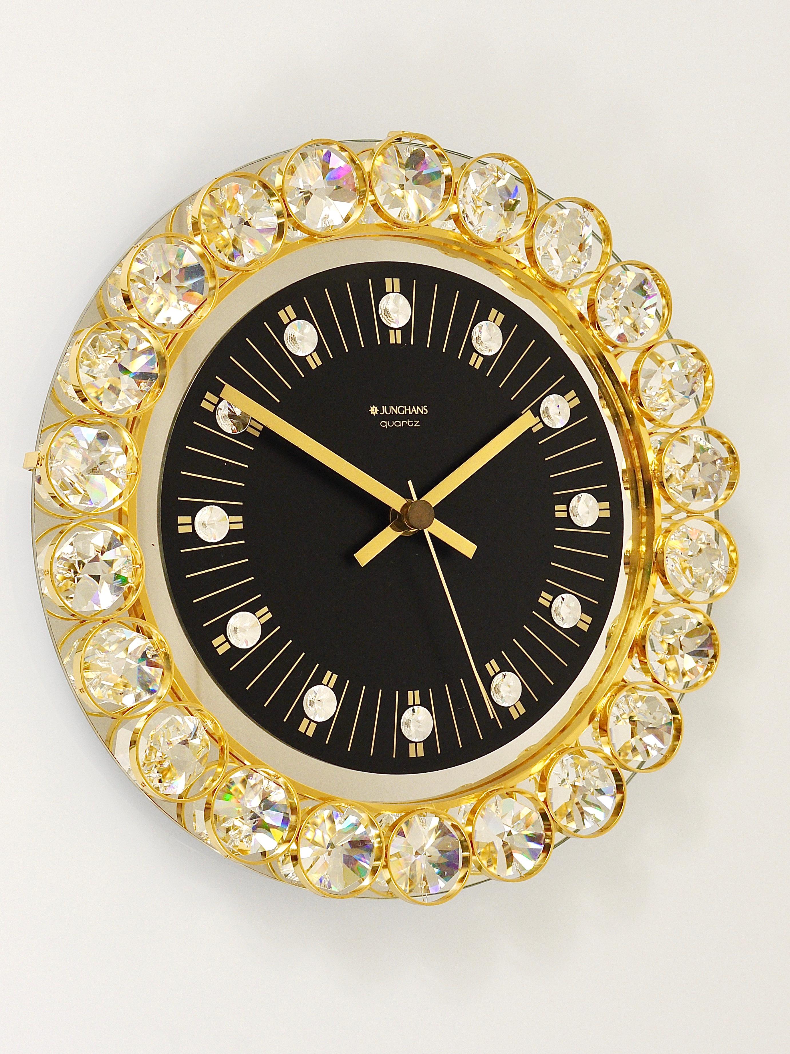 Golden Junghans Hollywood Regency Gilt and Crystals Wall Clock, Germany, 1970s For Sale 4