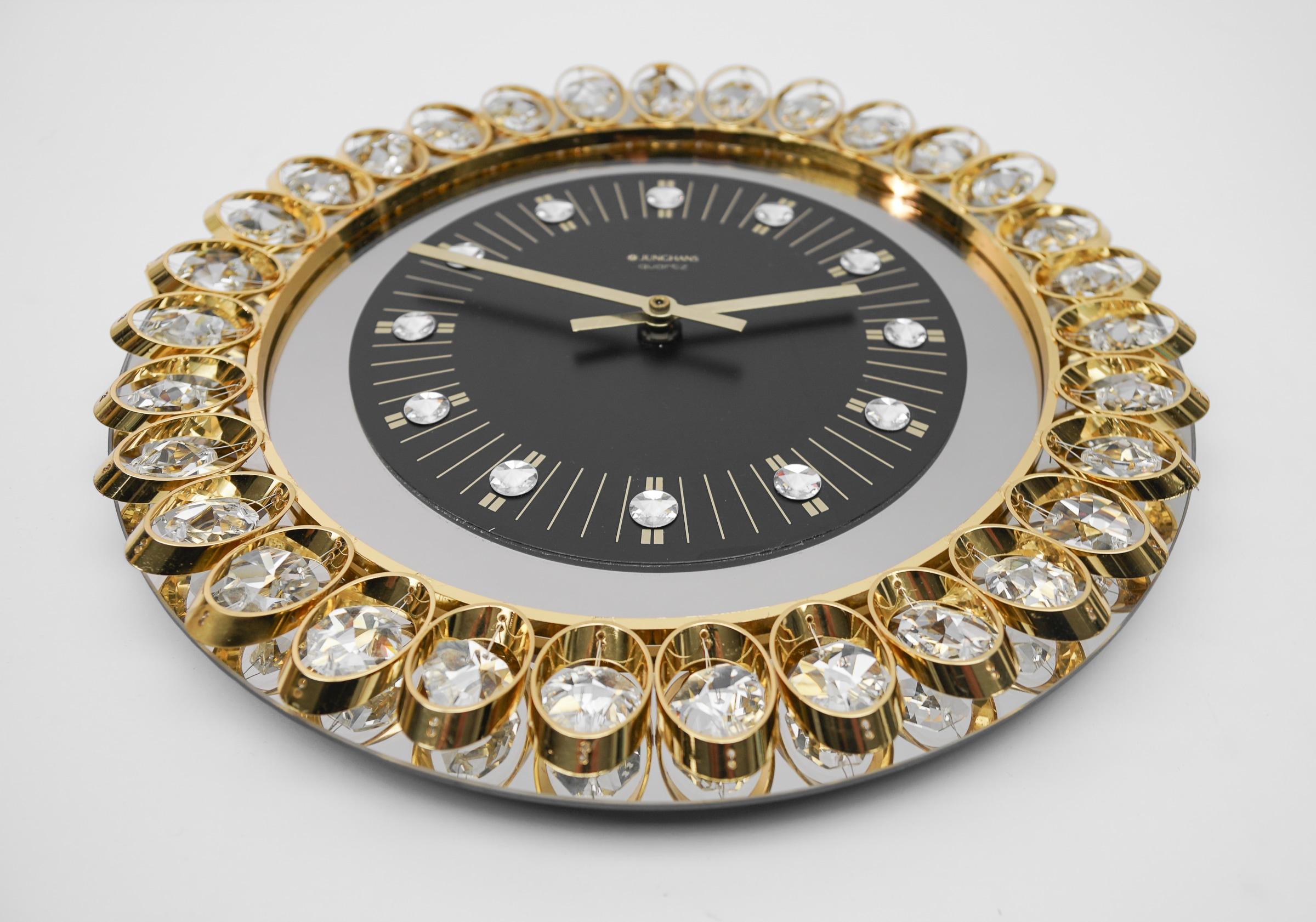 Mid-Century Modern Golden Junghans Hollywood Regency Gilt and Crystals Wall Clock, Germany, 1970s For Sale