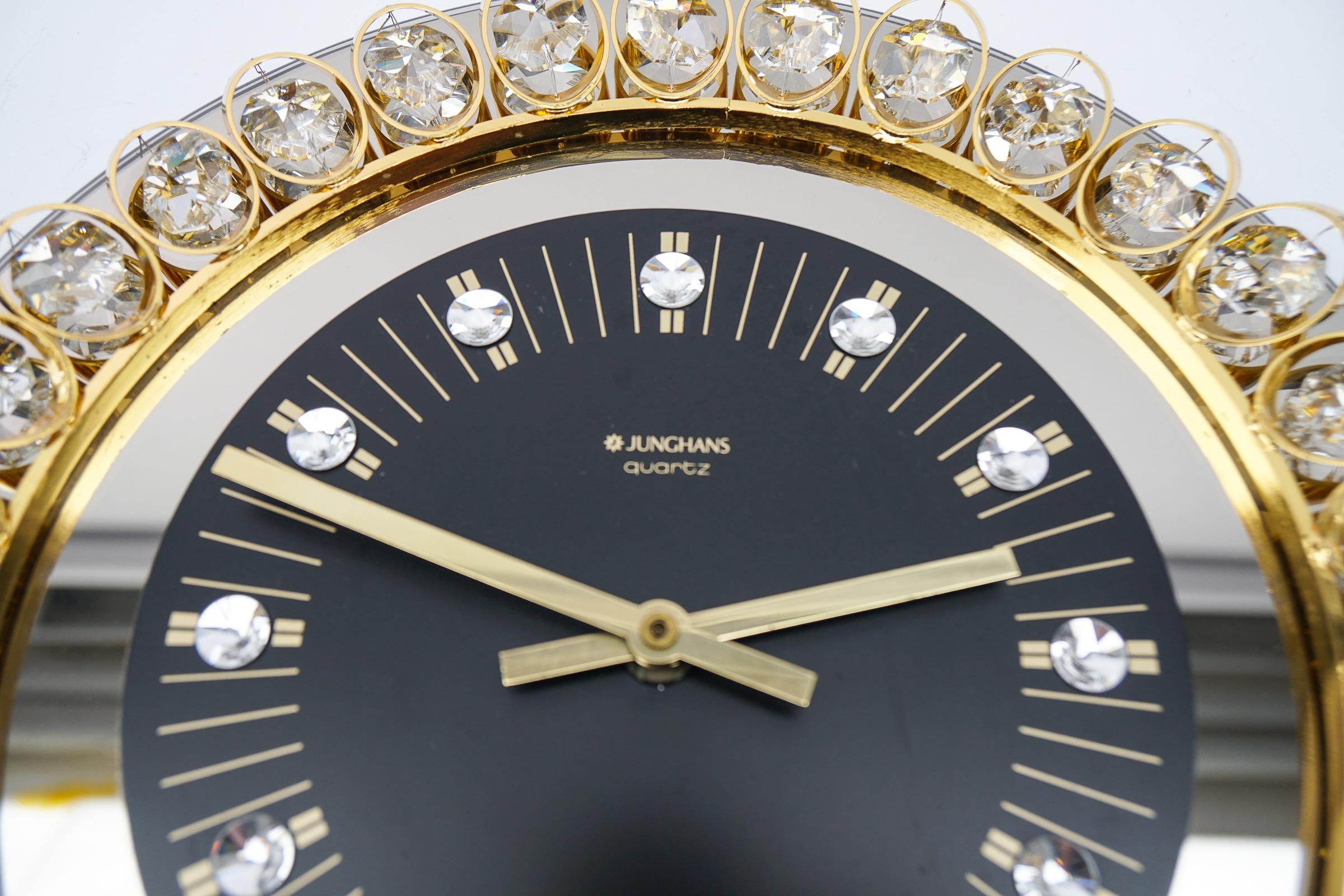 Golden Junghans Hollywood Regency Gilt and Crystals Wall Clock, Germany, 1970s In Good Condition For Sale In Nürnberg, Bayern