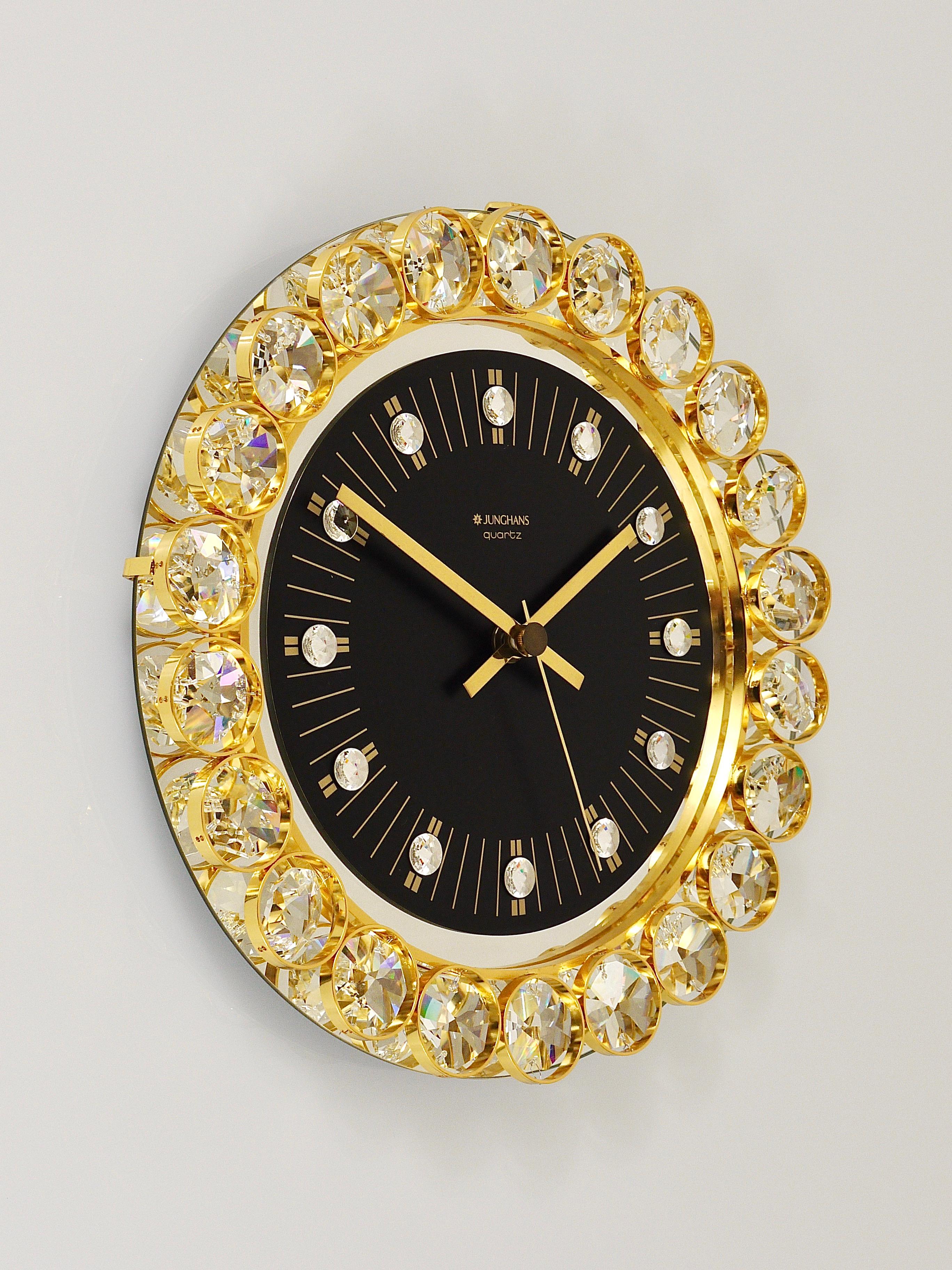 Golden Junghans Hollywood Regency Gilt and Crystals Wall Clock, Germany, 1970s In Good Condition For Sale In Vienna, AT