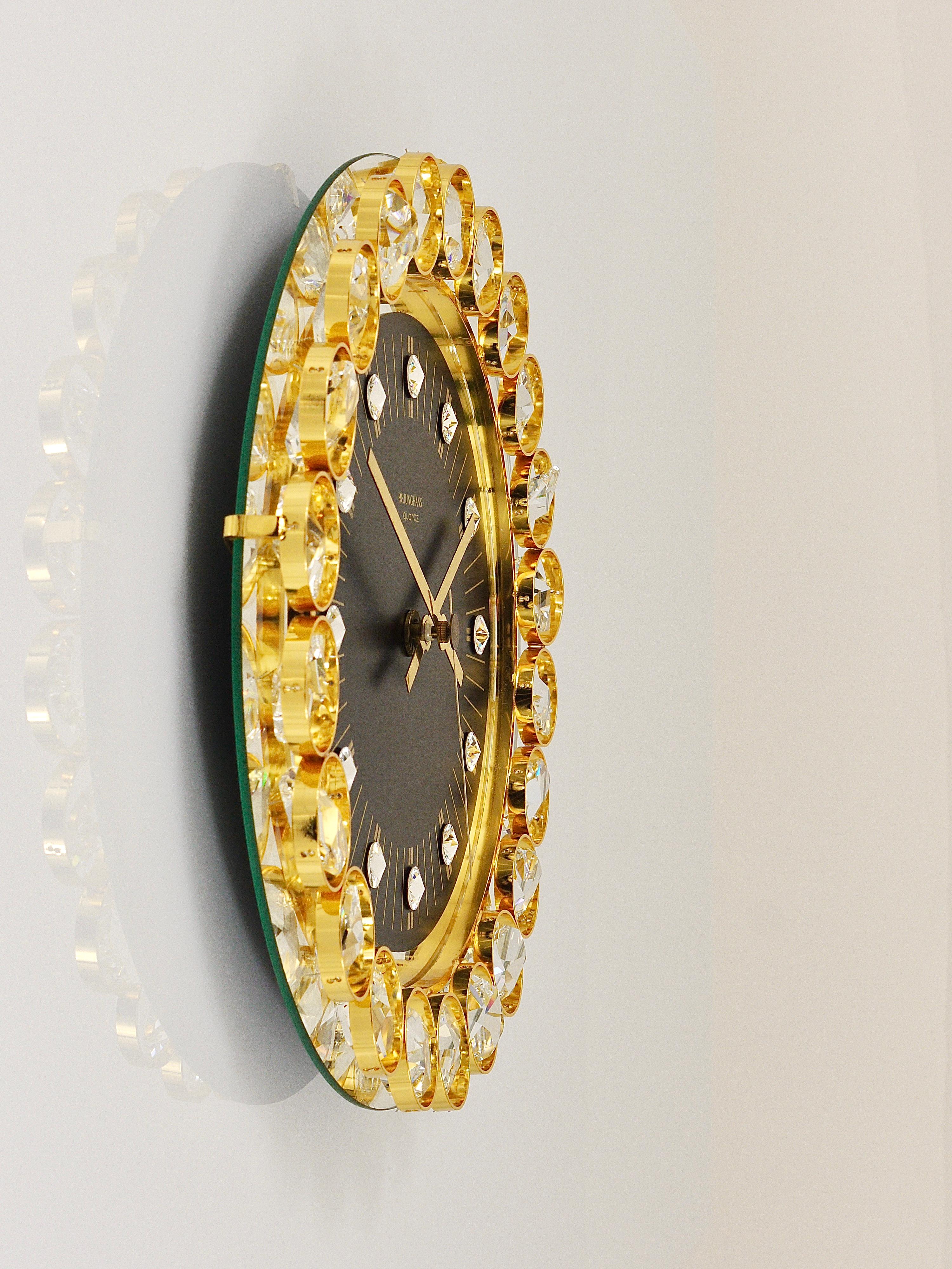 20th Century Golden Junghans Hollywood Regency Gilt and Crystals Wall Clock, Germany, 1970s For Sale