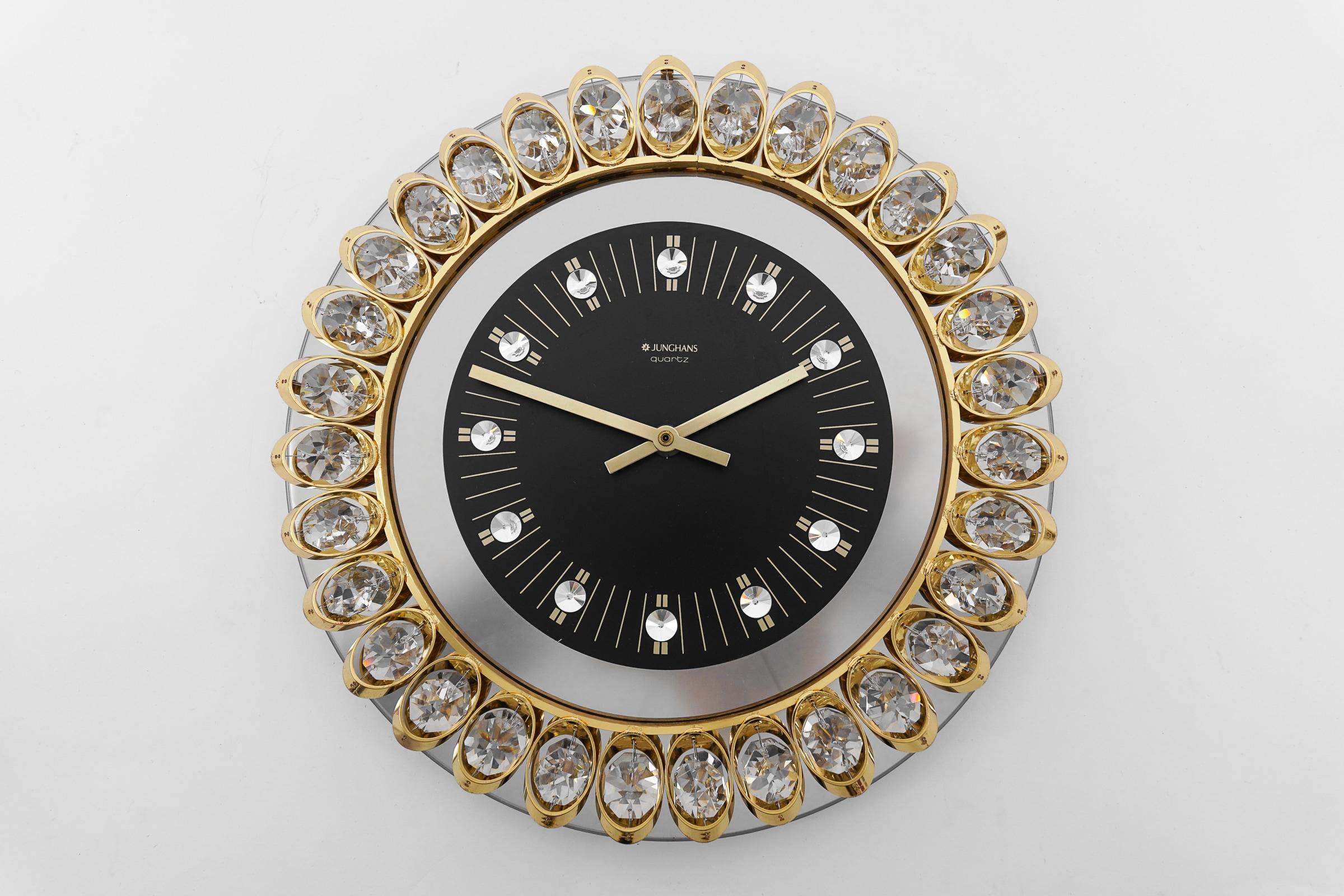 Golden Junghans Hollywood Regency Gilt and Crystals Wall Clock, Germany, 1970s For Sale 1