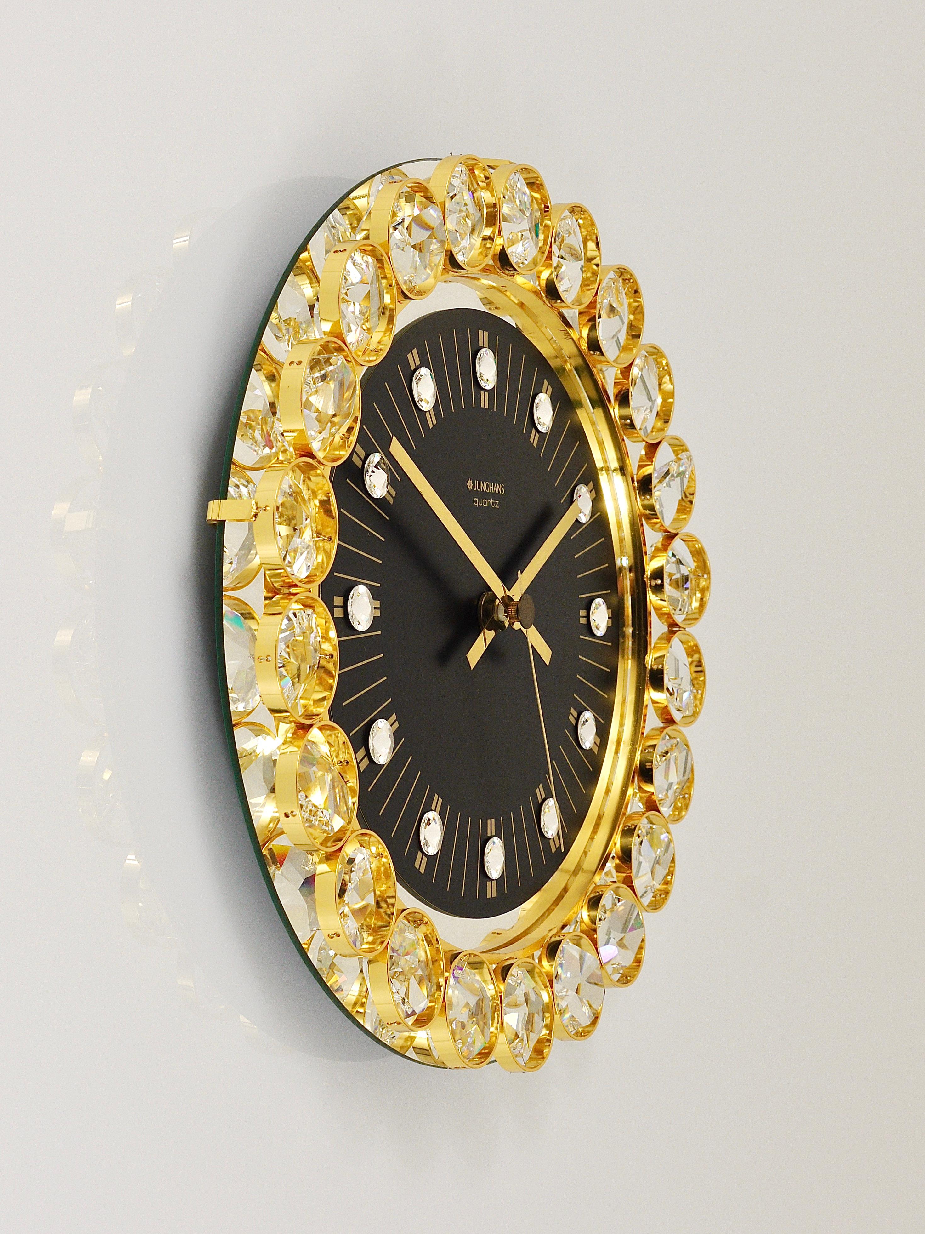 Golden Junghans Hollywood Regency Gilt and Crystals Wall Clock, Germany, 1970s For Sale 1