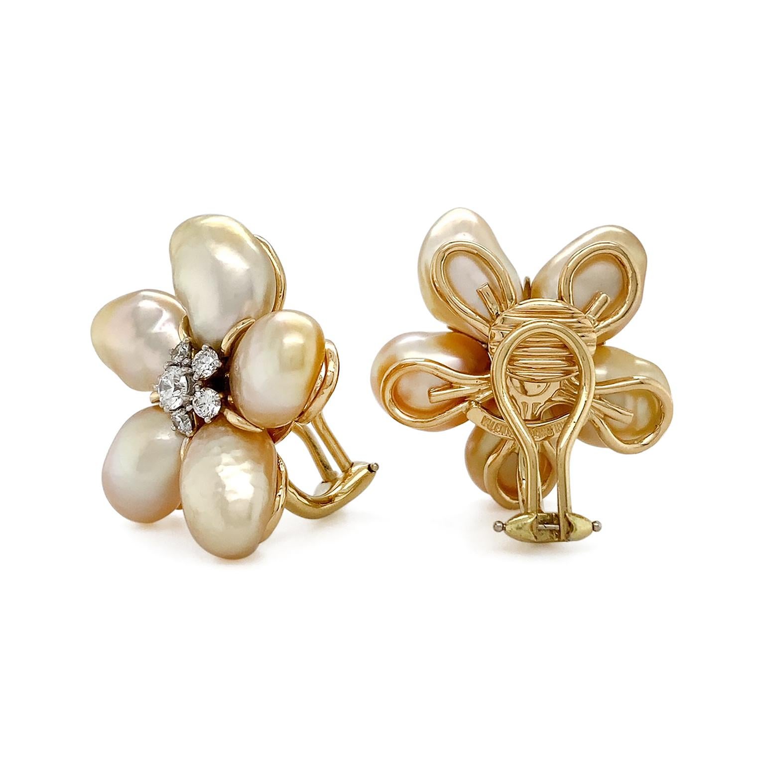 Brilliant Cut Golden Keshi Pearl 18K Yellow Gold Diamond Cluster Earrings For Sale