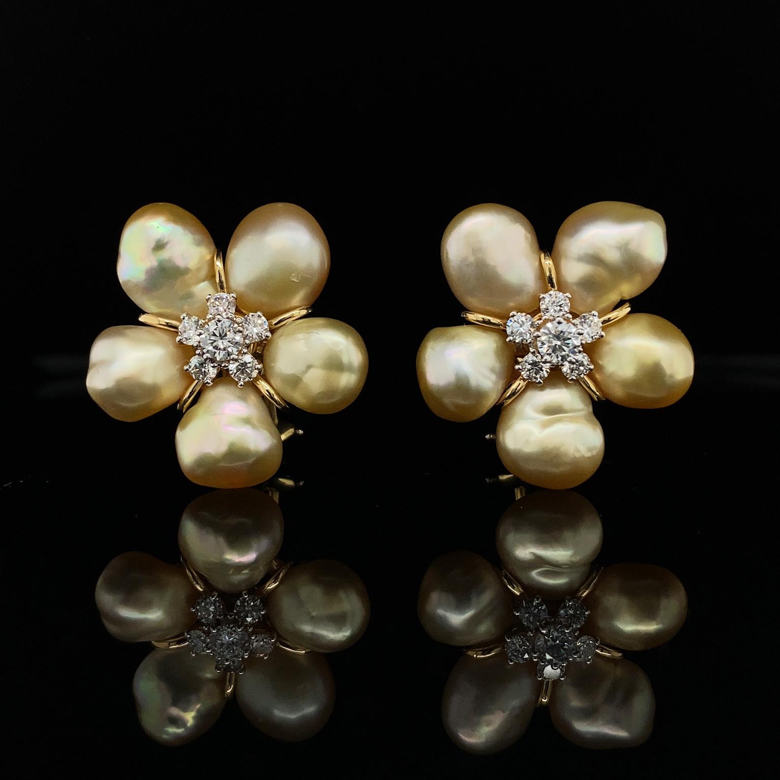 Artisan Golden Keshi Pearl 18K Yellow Gold Cluster Earrings For Sale