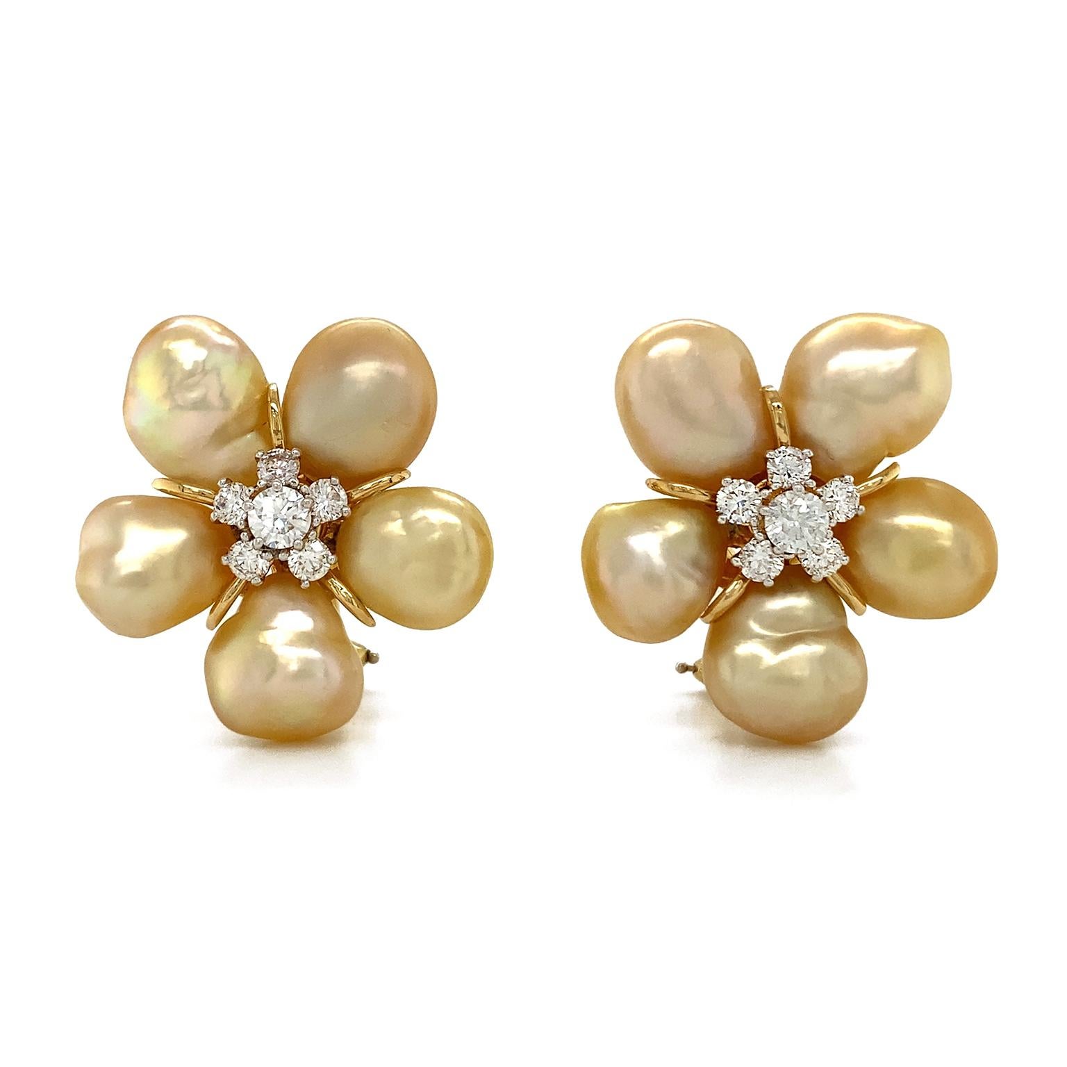 Brilliant Cut Golden Keshi Pearl 18K Yellow Gold Cluster Earrings For Sale