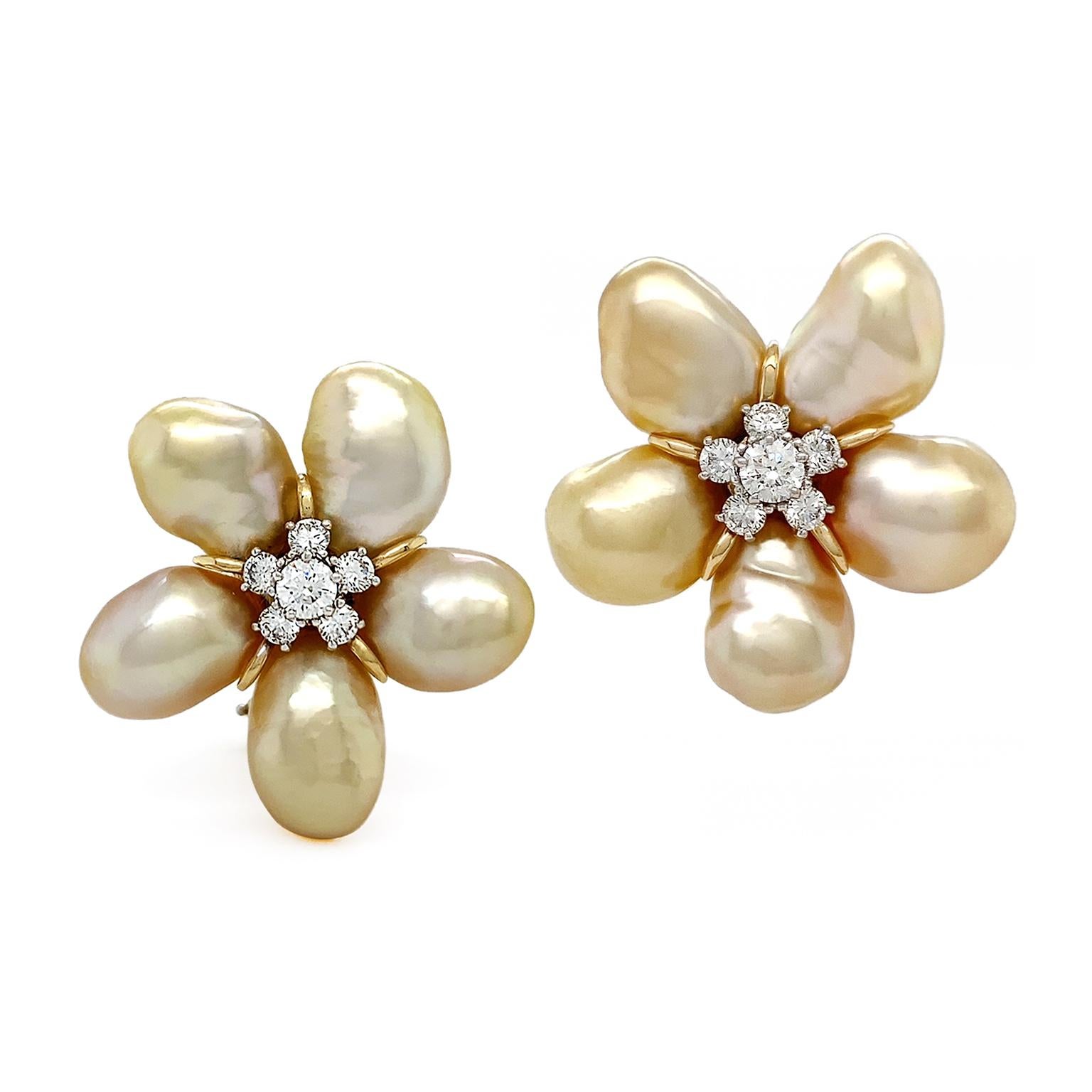 Women's Golden Keshi Pearl 18K Yellow Gold Diamond Cluster Earrings For Sale