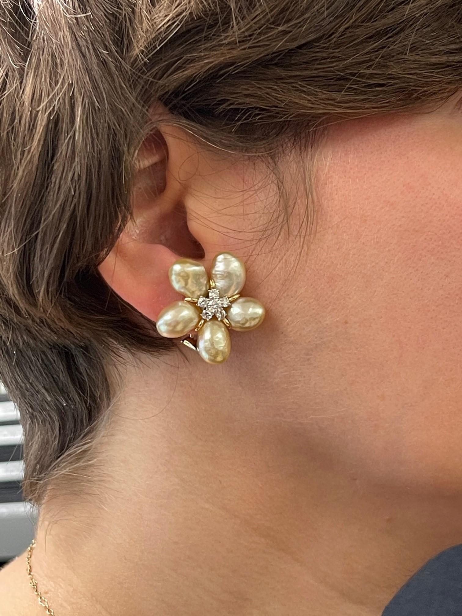 Golden Keshi Pearl 18K Yellow Gold Diamond Cluster Earrings For Sale 1