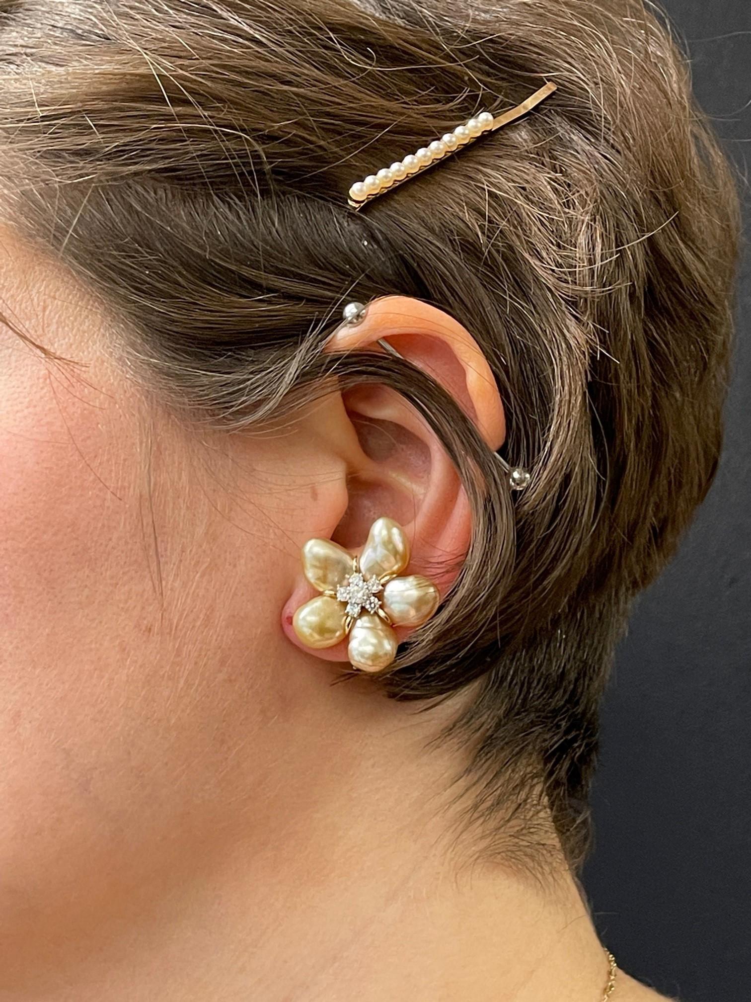Golden Keshi Pearl 18K Yellow Gold Diamond Cluster Earrings For Sale 2