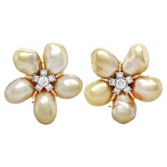 Golden Keshi Pearl 18K Yellow Gold Diamond Cluster Earrings