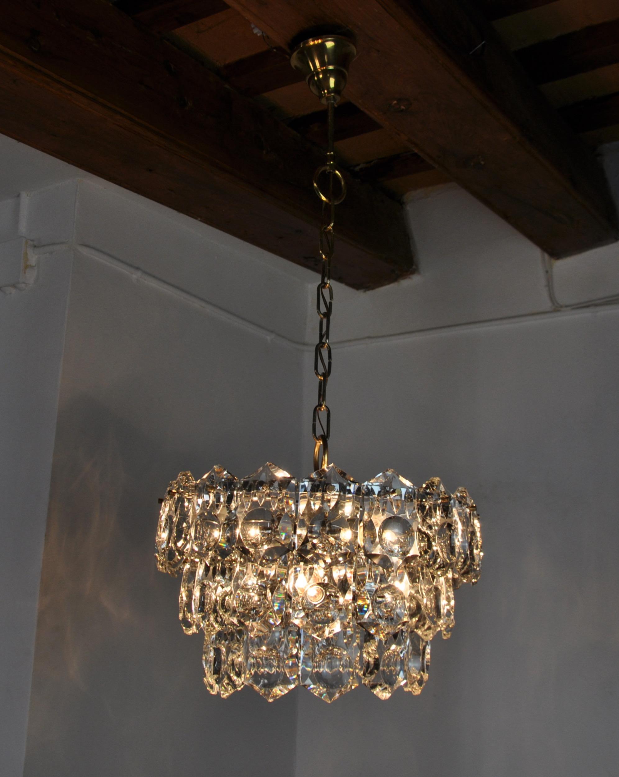 Golden Kinkeldey chandelier, cut glass, 3 levels, Germany, 1970 For Sale 1