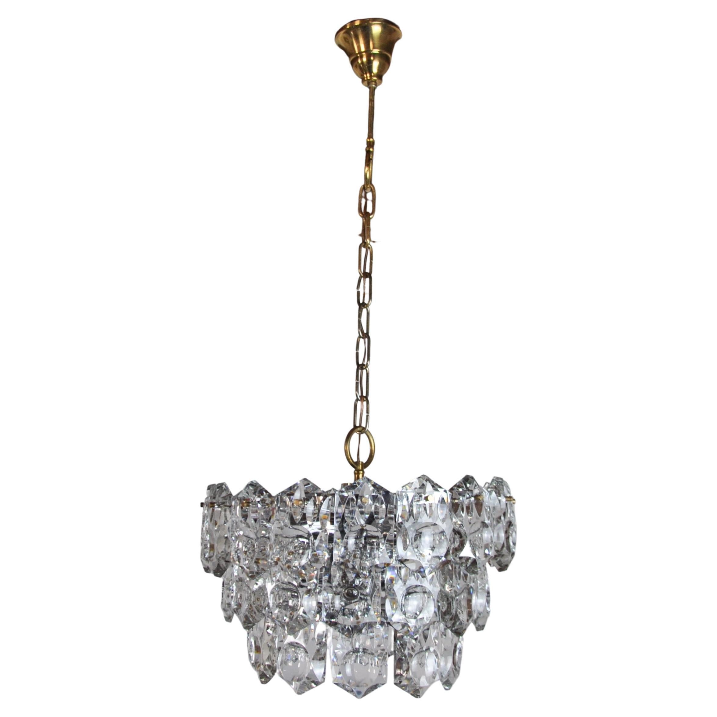 Golden Kinkeldey chandelier, cut glass, 3 levels, Germany, 1970 For Sale