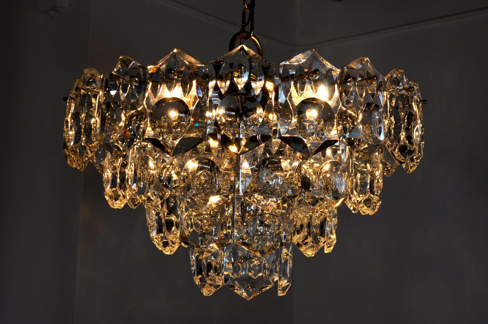 Late 20th Century Golden Kinkeldey Chandelier, Cut Glass, 4 Levels, Germany, 1970 For Sale