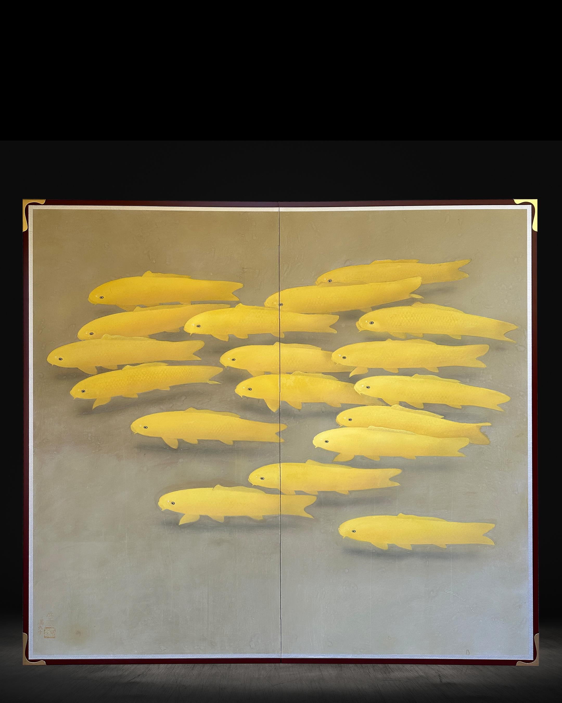 Golden Koi (Carp) screen ) by Nitten artist Tozaburo Ohno (大野藤三郎)