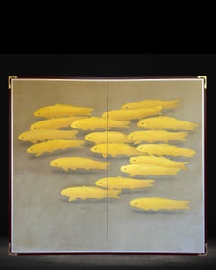 Golden Koi (Carp) screen ) by Nitten artist Tozaburo Ohno (大野藤三郎)