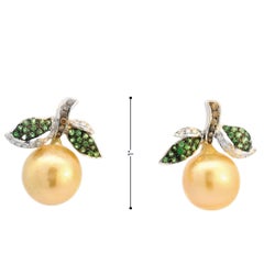 Golden Kumquat South Sea Pearl Clip-on Earrings with Tsavorite and Brown Diamond