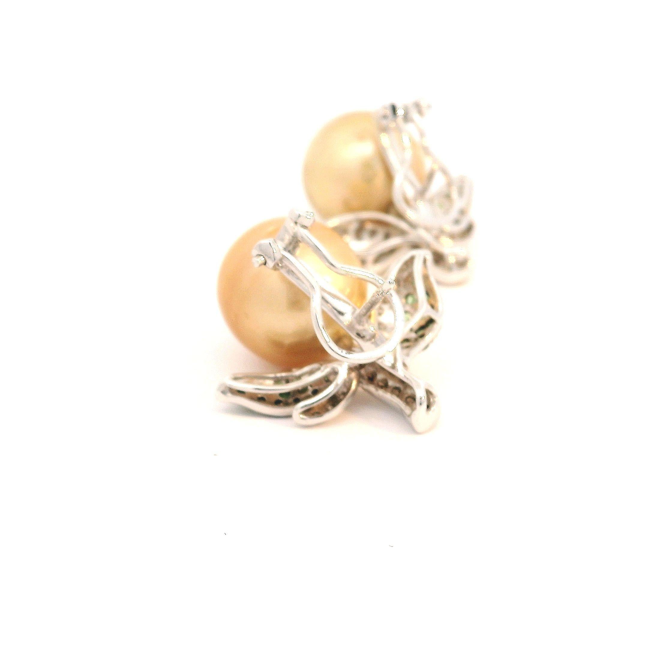 Contemporary Golden Kumquat South Sea Pearl Clip-on Earrings with Tsavorite and Brown Diamond For Sale
