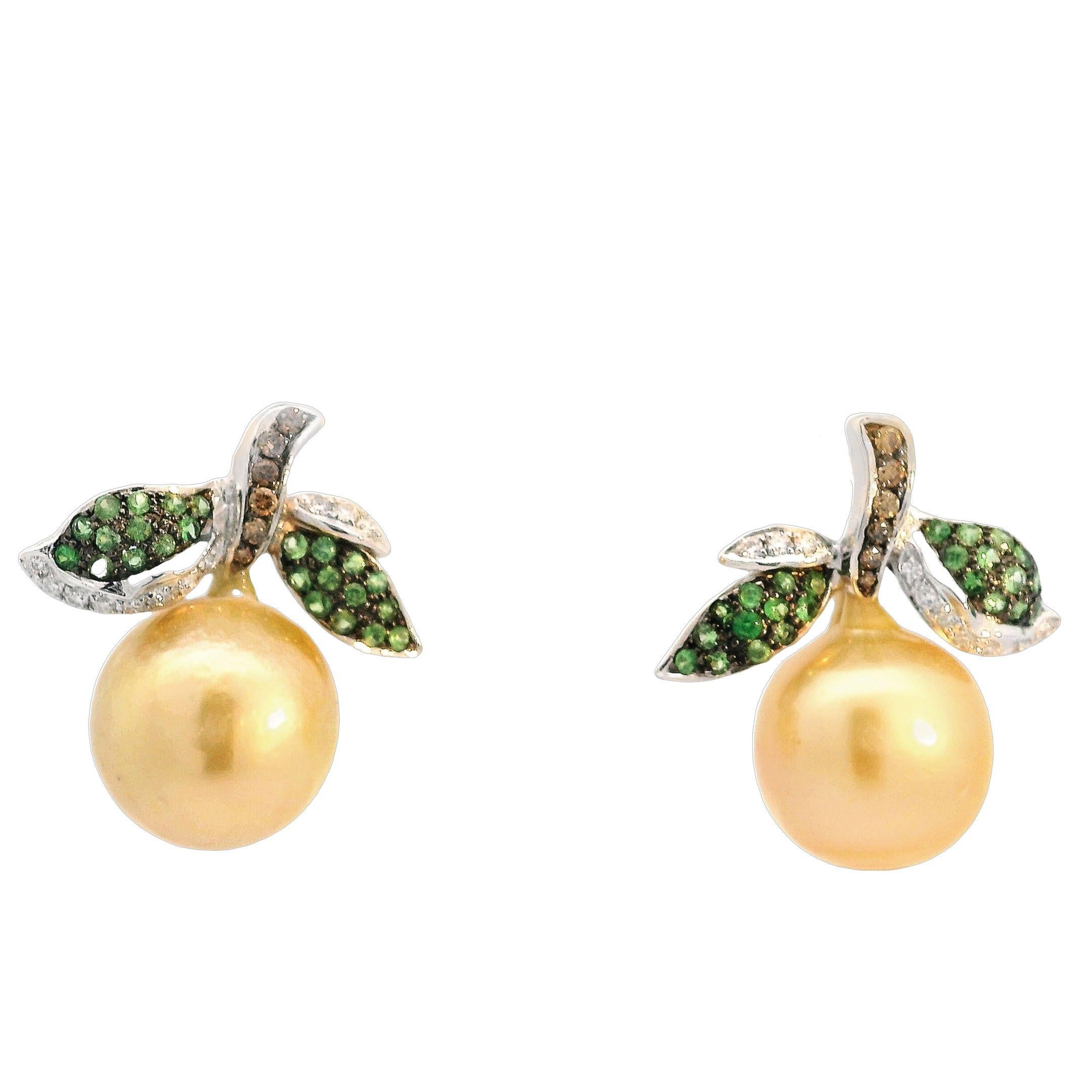 Round Cut Golden Kumquat South Sea Pearl Clip-on Earrings with Tsavorite and Brown Diamond For Sale