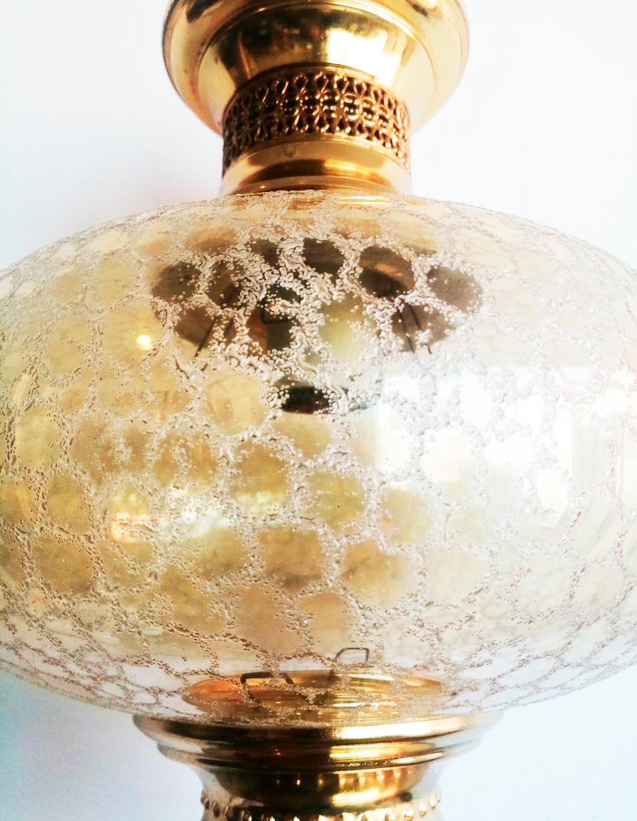 There are two units available, price is per each

Brass lantern or pendant and engraved crystal globe,

Golden lanterns or pendant lamps with a fine gold color, oriental or Islamic style. They come from the south of Spain, from Andalusia, with an