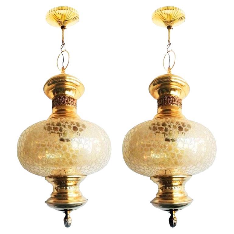  Lanterns or Pendant  Gold  Brass and Glass, Spain Mid 20th Century