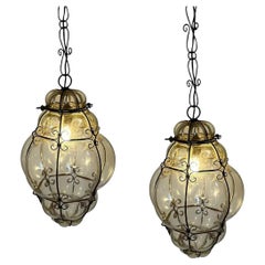 Goldene Laternen, Paar elegante Murano-Anhänger, 1980er Jahre