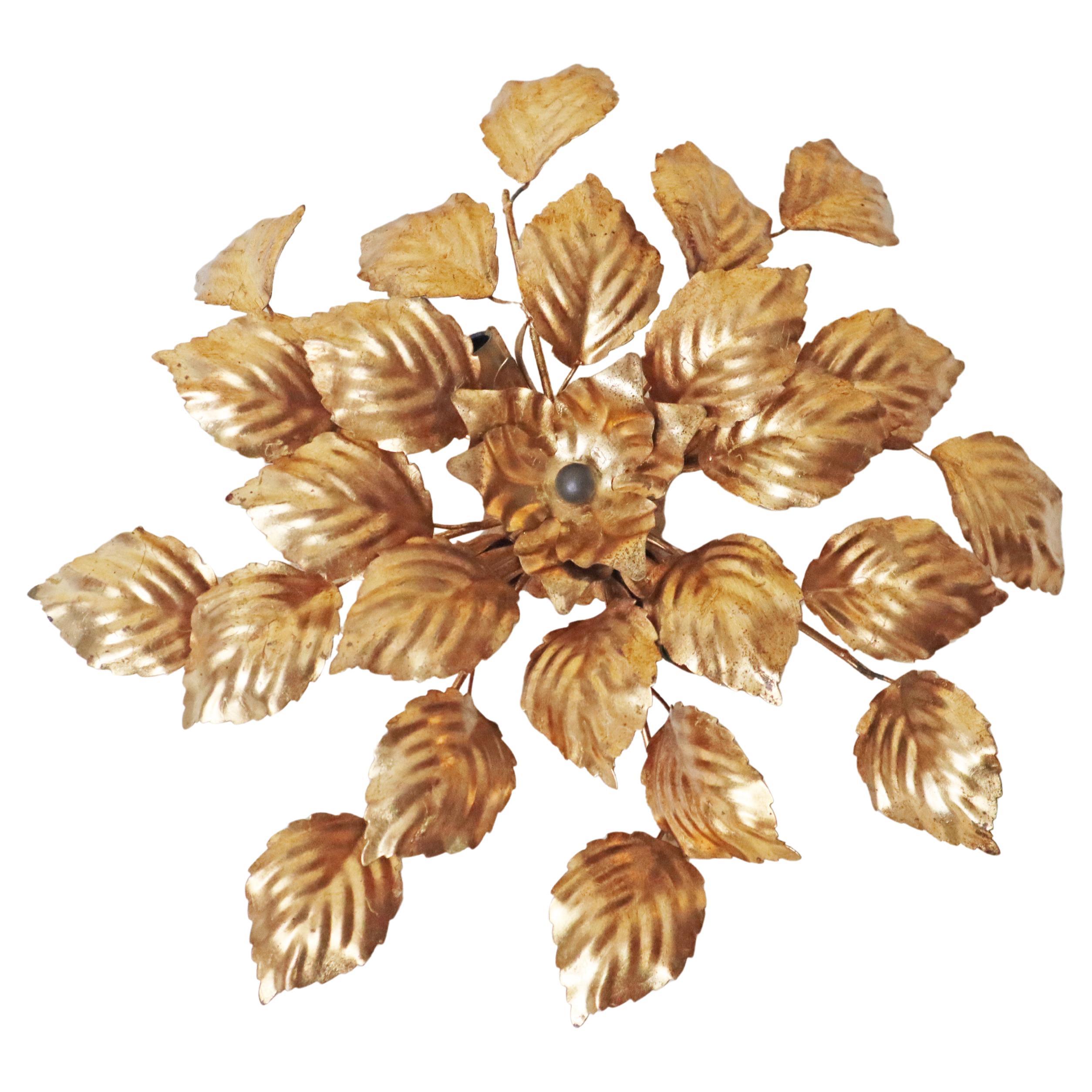 Golden Leaves Flush Mount Light Fixture, Vintage 1980s, 47cm Diameter