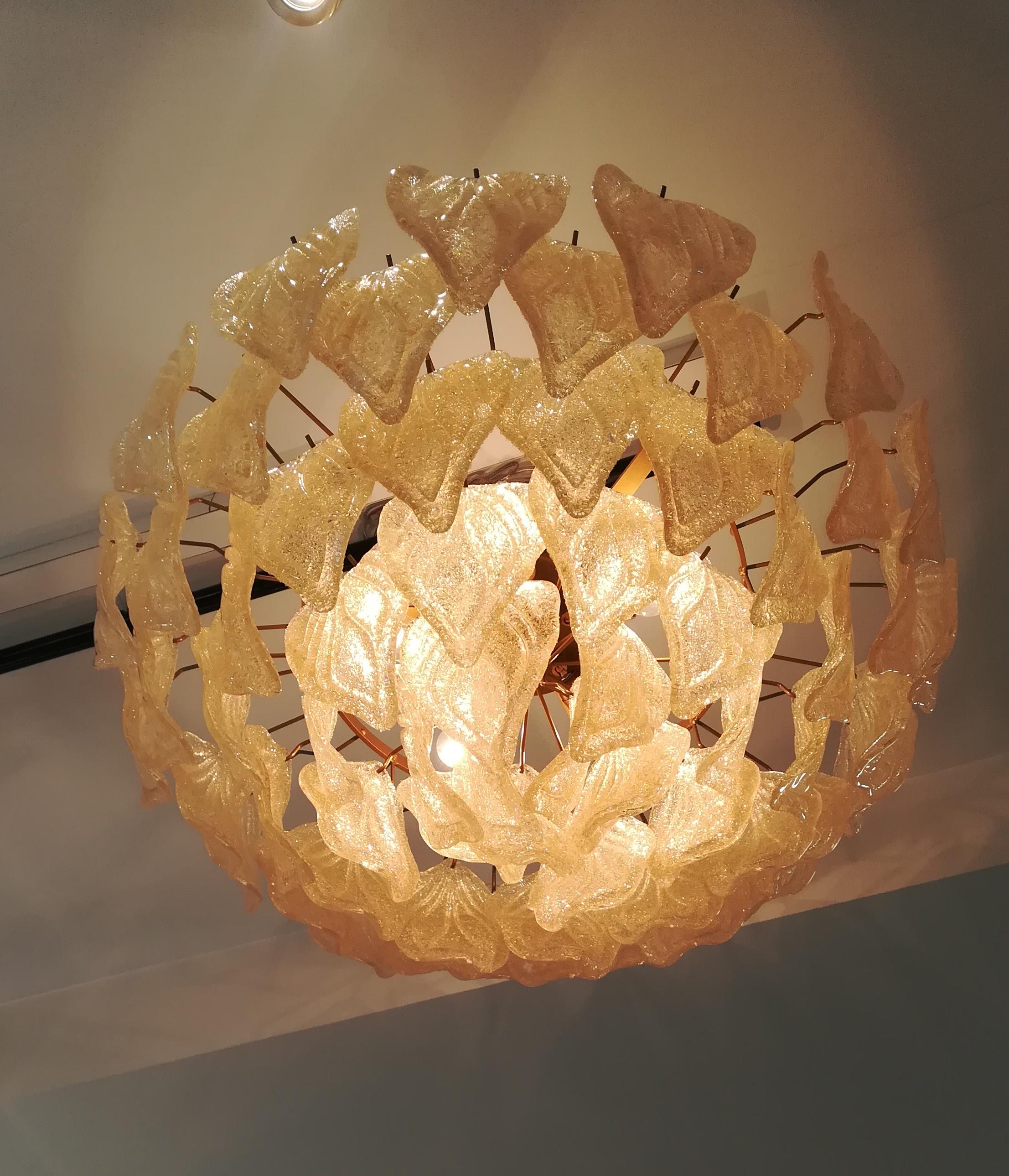 Italian Golden Leaves Murano Glass Pendant For Sale