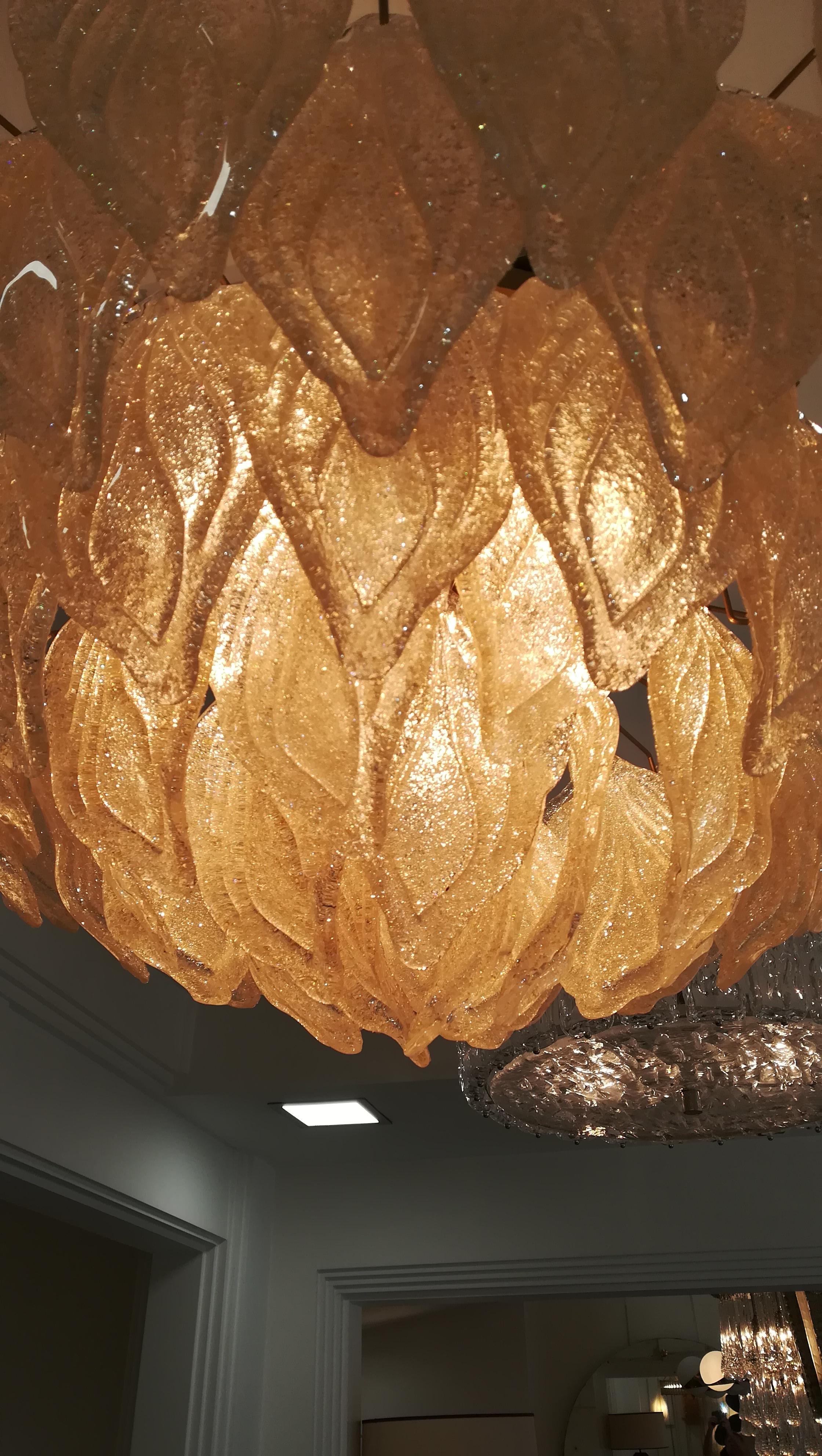 Metal Golden Leaves Murano Glass Pendant For Sale