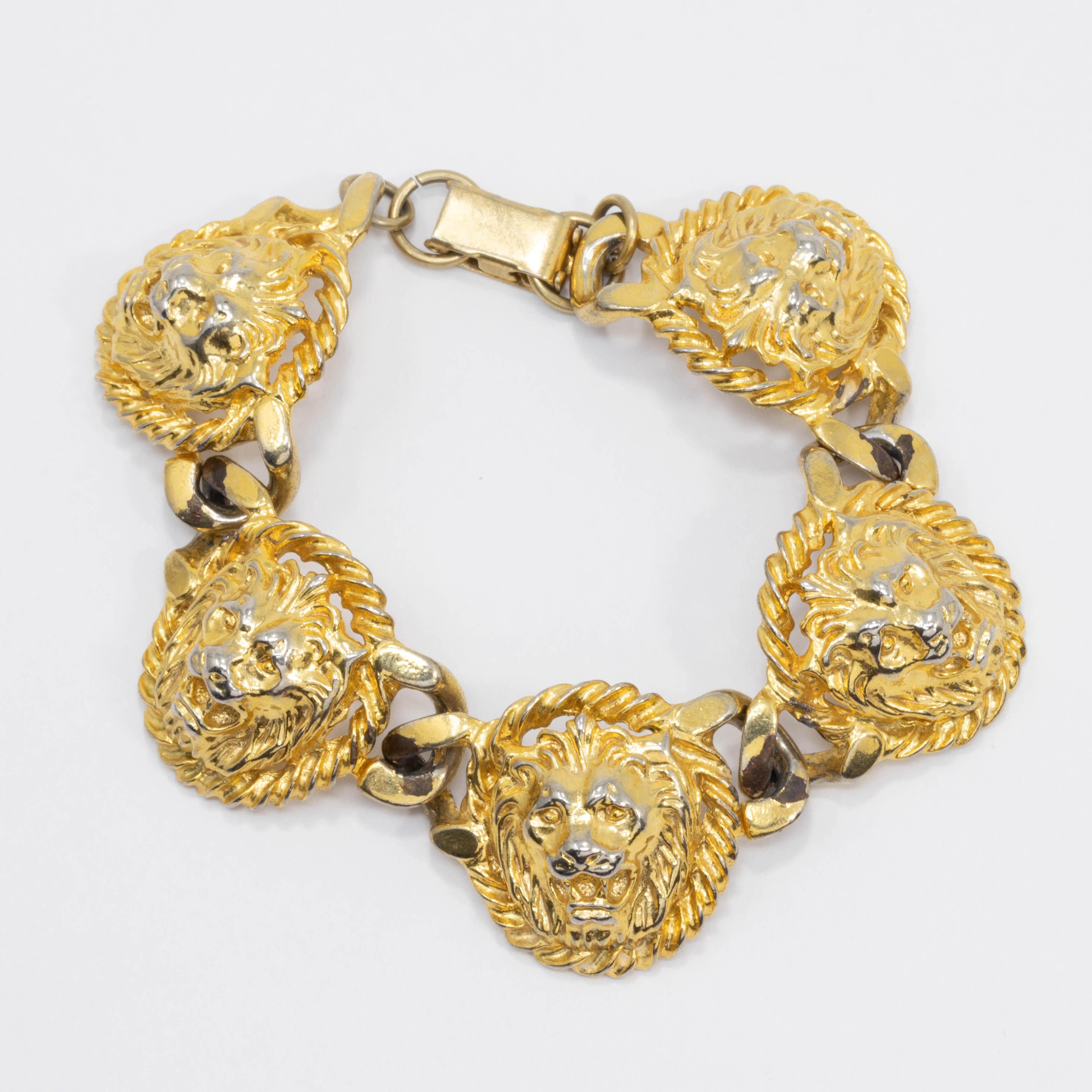 Women's or Men's Golden Lion Head Link Bracelet and Clip On Earrings, Vintage, Mid 1900s